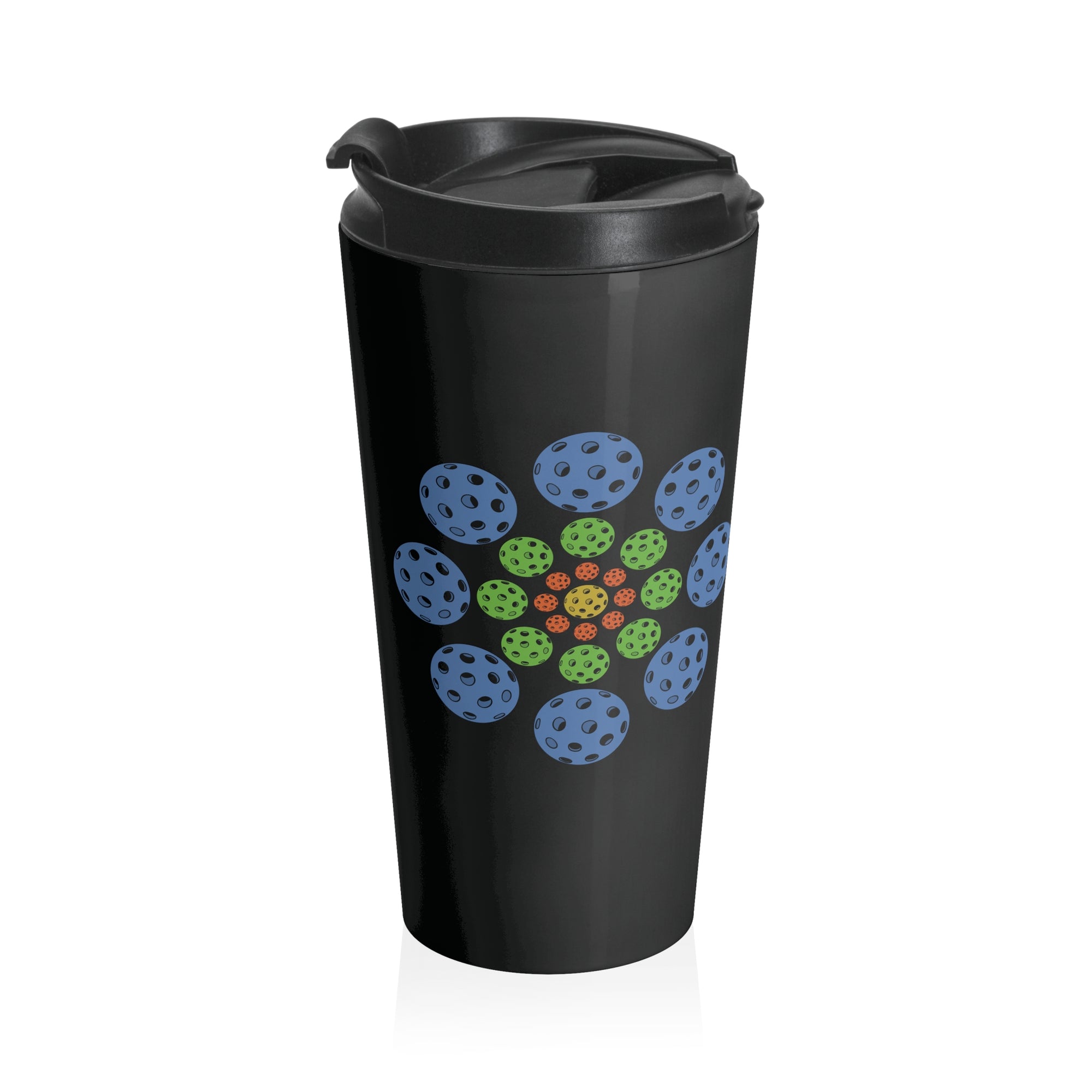 Stainless steel travel mug with lid featuring a colorful geometric design of pickleballs against a white background