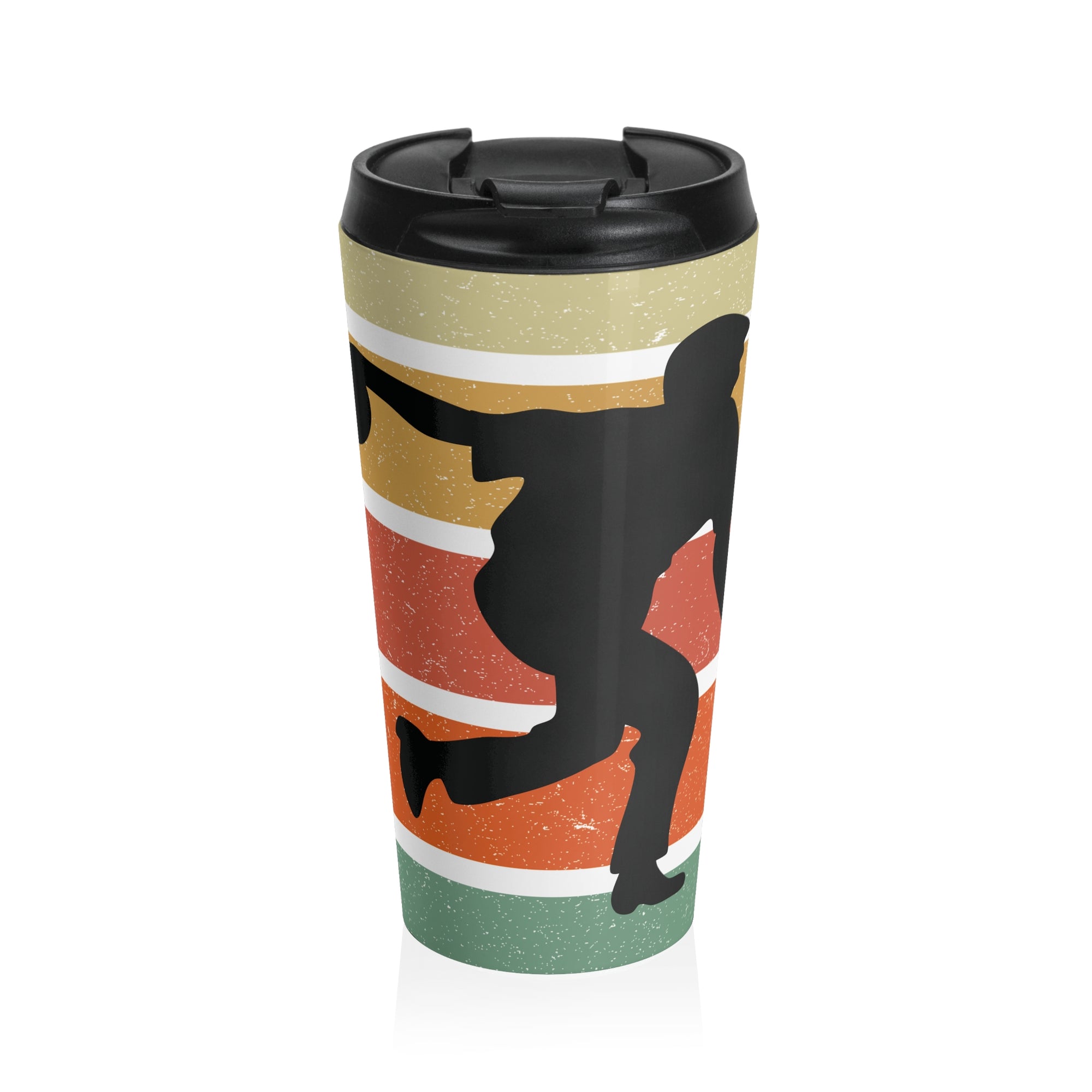 Travel mug with sip lid with a an image of a silhouette of a bowler over a colorful retro graphic, on a white background.