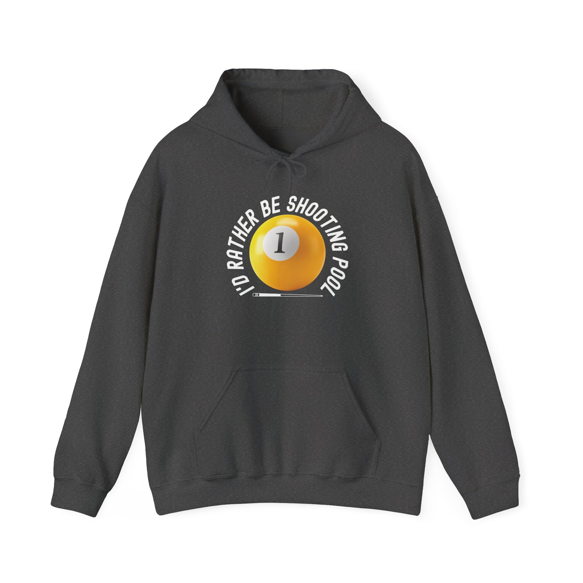 Gray hoodie with a yellow billiards ball and cue stick graphic and the text "I'd Rather Be Shooting Pool" on a white background
