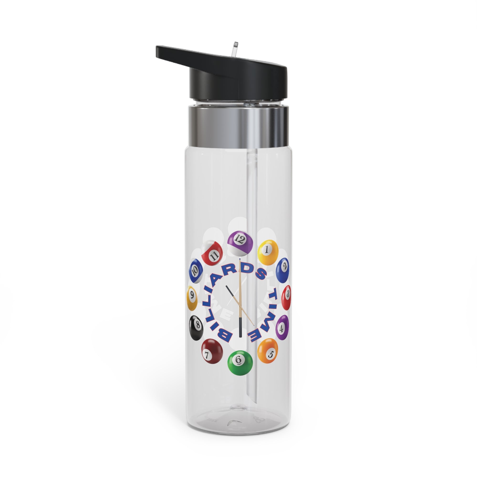 A clear water bottle with lid, with the text "Billiards Time" surrounded by a clock made up of colorful billiard balls and cue sticks, on a white background
