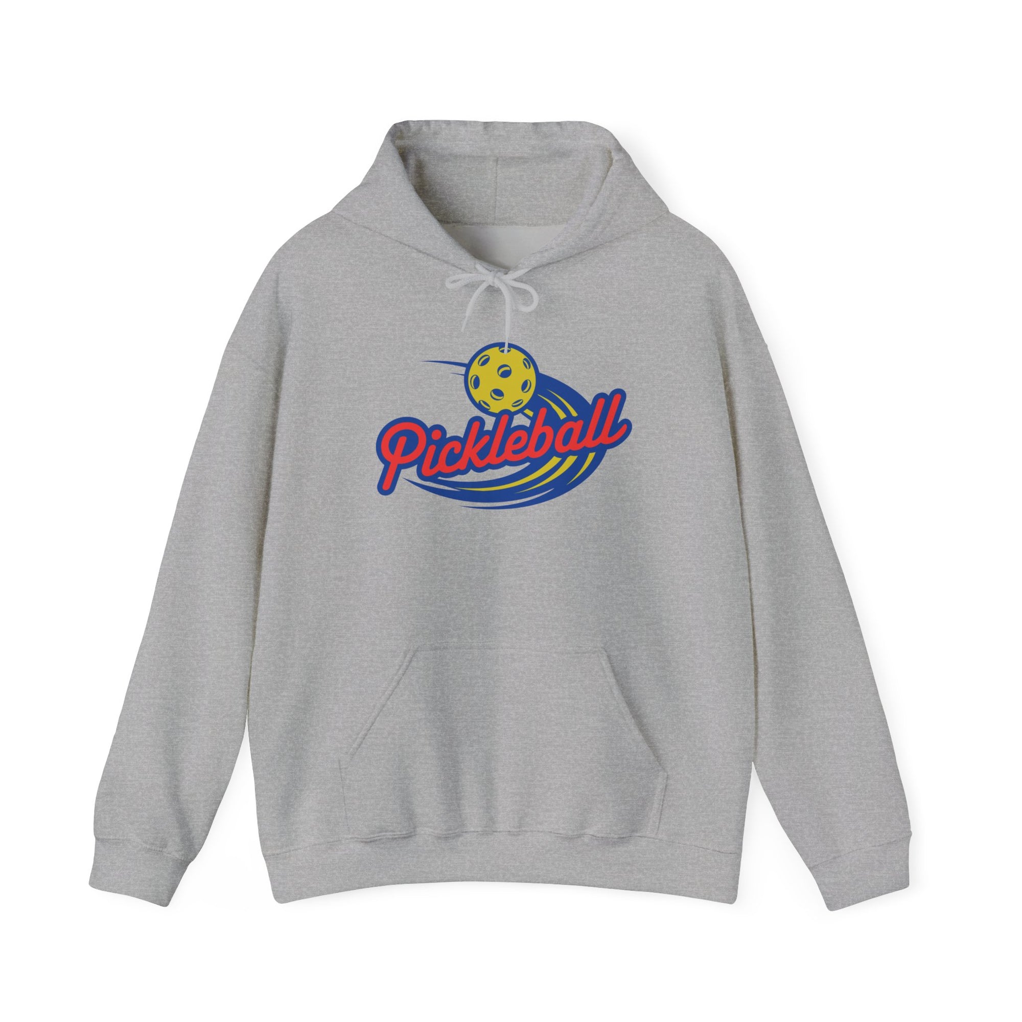 Gray hoodie with a classic pickleball logo featuring the word pickleball and a yellow pickleball with motion lines, against a white background