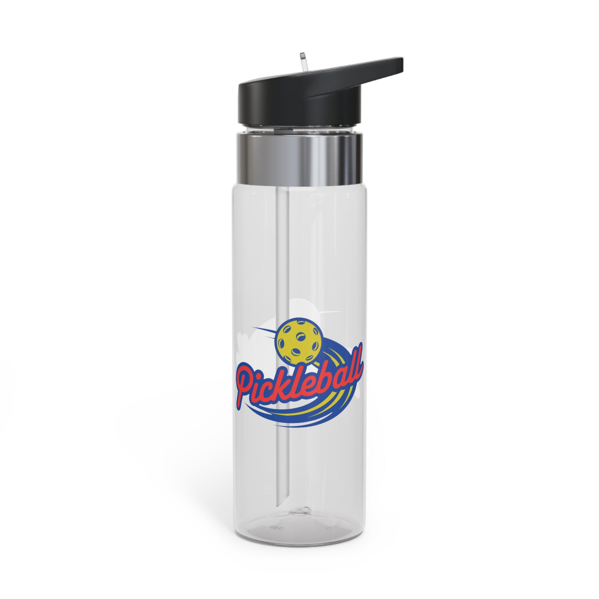 A clear water bottle with lid with a classic pickleball logo featuring the word pickleball and a yellow pickleball with motion lines, against a white background