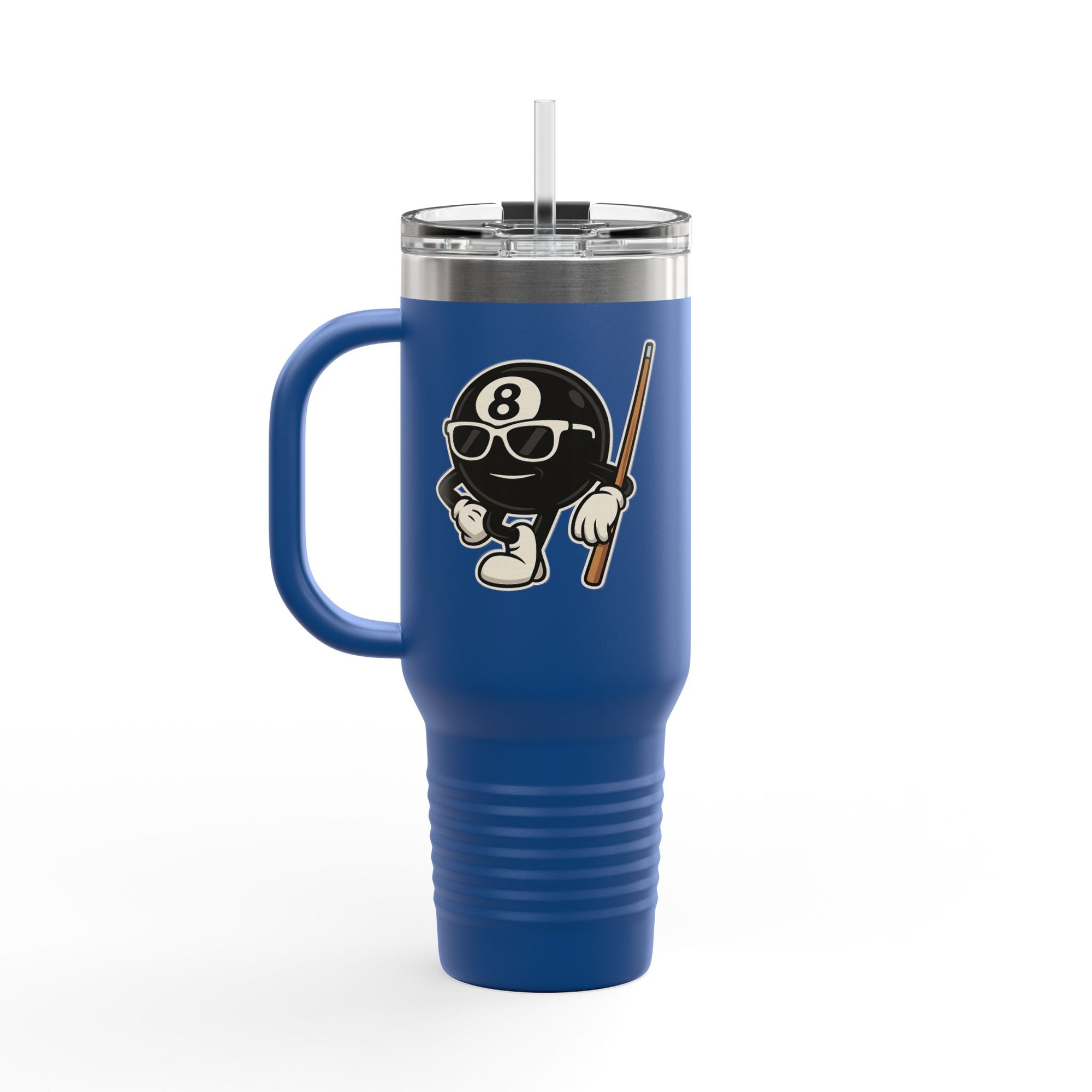 A blue 40oz travel tumbler with lid and straw featuring a graphic of a cartoon billiards 8 ball with arms and legs and wearing sunglasses and leaning on a cue stick, on a white background