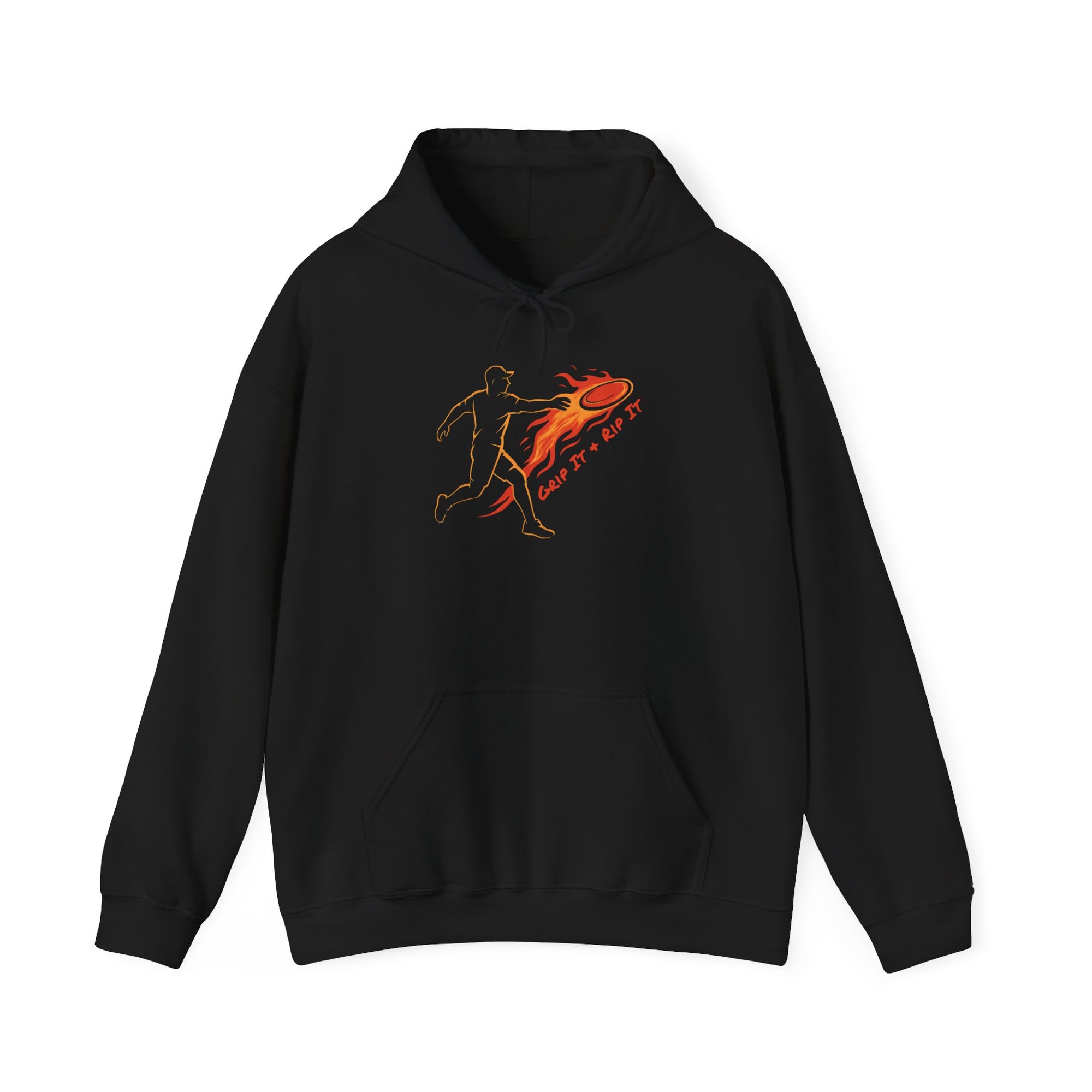 Black hoodie with a graphic design of a person throwing a disc golf disc with flames coming off the disc and text 'Grip It or Rip It' against a white background.