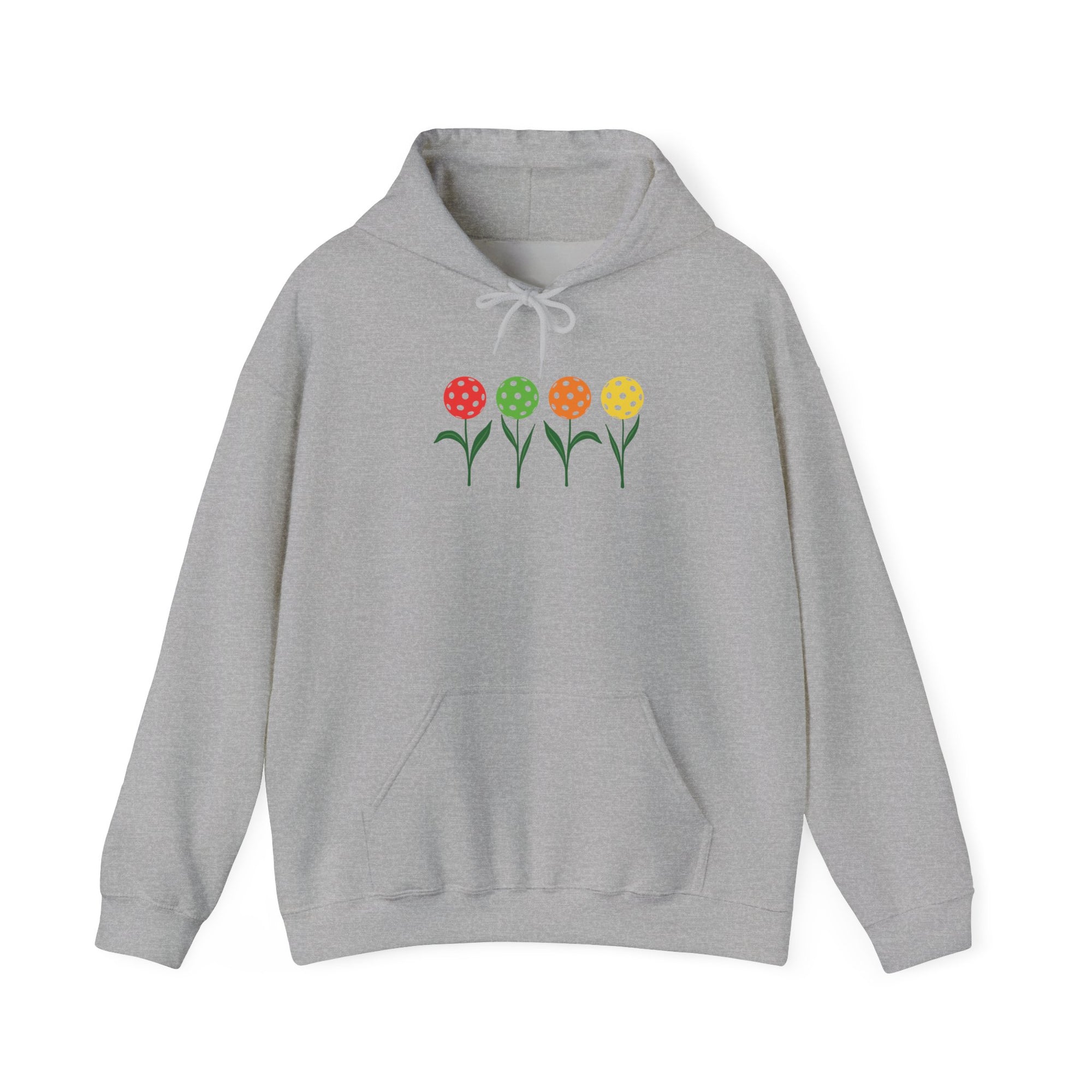 Gray hoodie with colorful flowers made from pickleballs on green stems with leaves, against a white background