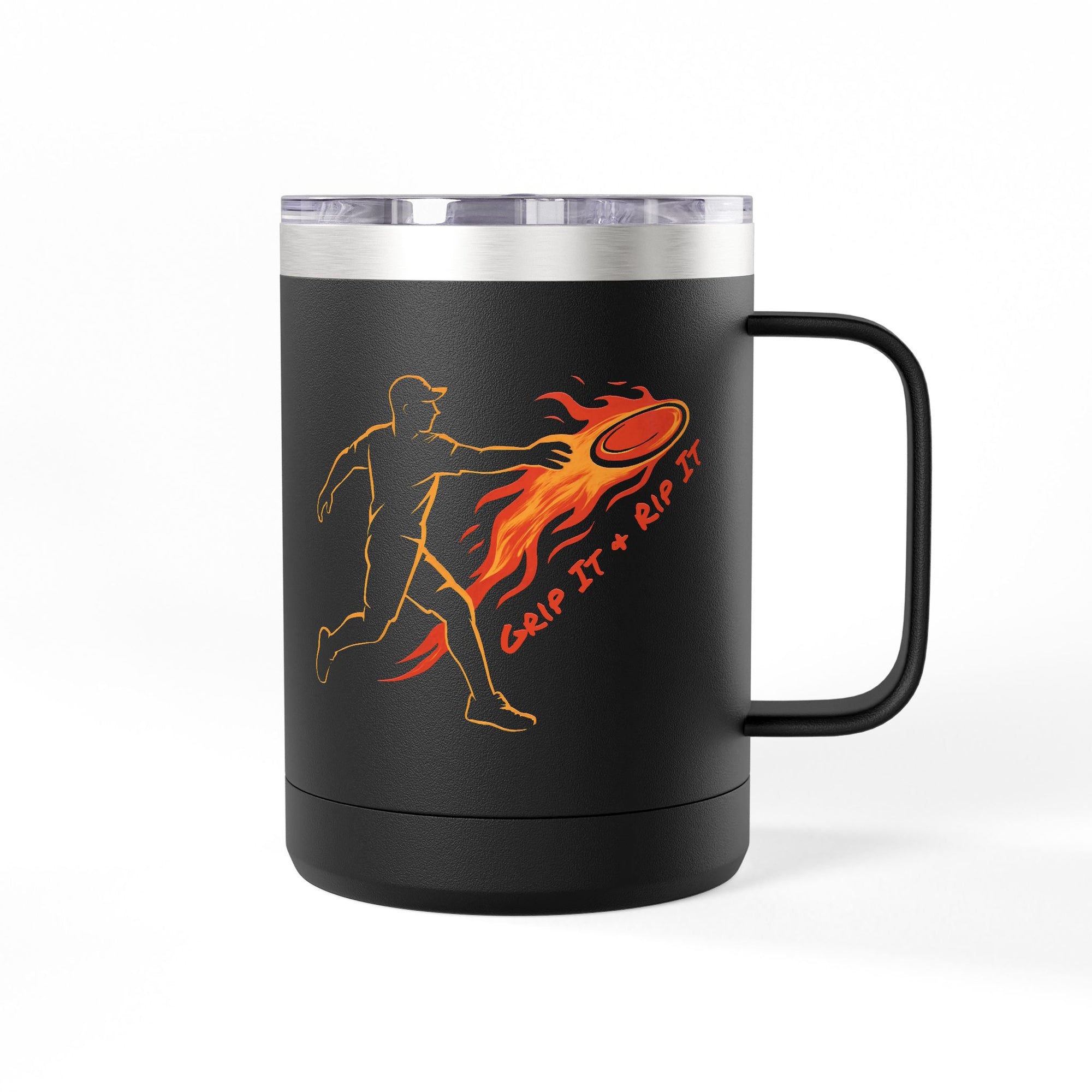 A black coffee tumbler travel mug with handle and lid featuring a graphic design of a person throwing a disc golf disc with flames coming off the disc and text 'Grip It or Rip It' against a white background.