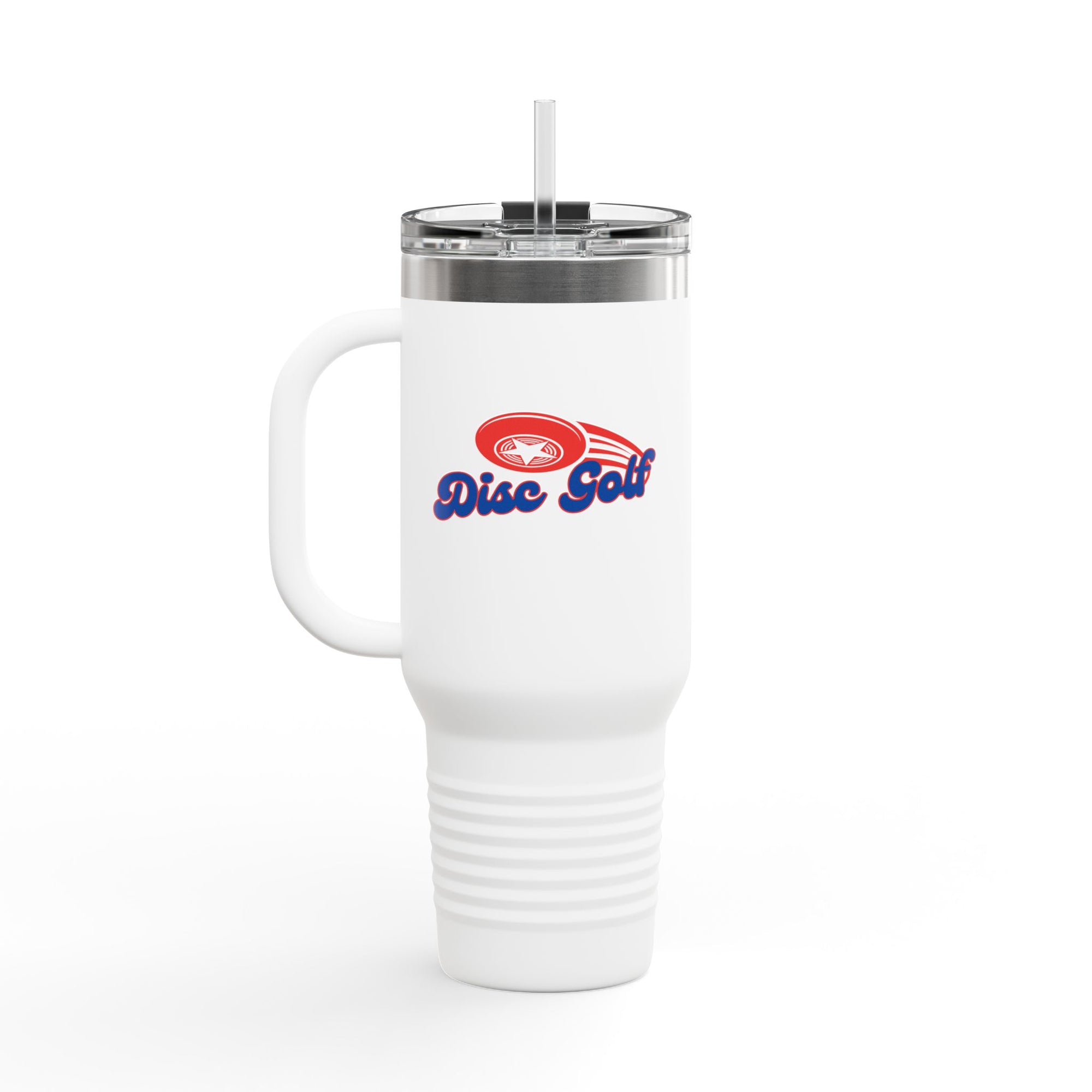 A white 40oz travel mug with handle, lid and straw, with 'Disc Golf' in a blue script text outlined in red and disc golf with motion trails, against a white background