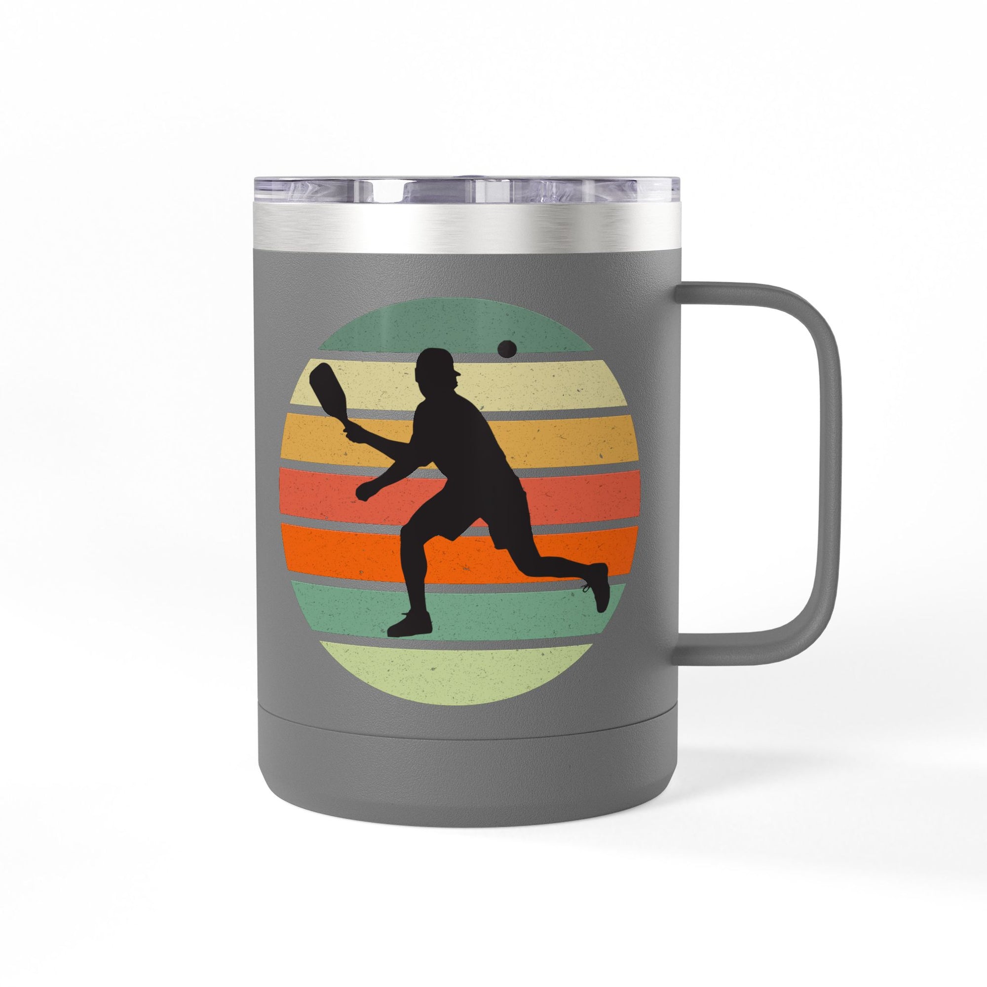 Gray mug with a graphic of a person's silhouette playing pickleball on a retro color background