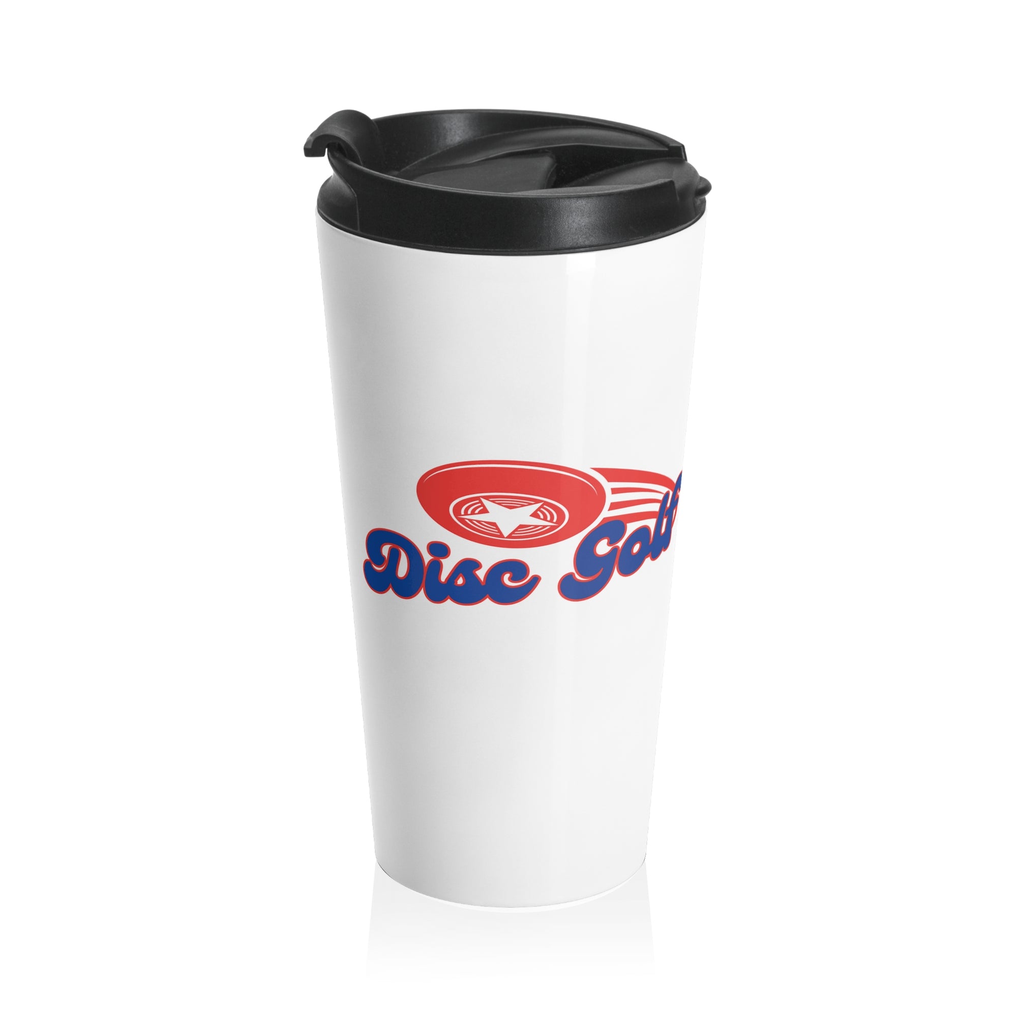 A white travel mug tumbler with a lid featuring the words 'Disc Golf' in a blue script text outlined in red and disc golf with motion trails, against a white background