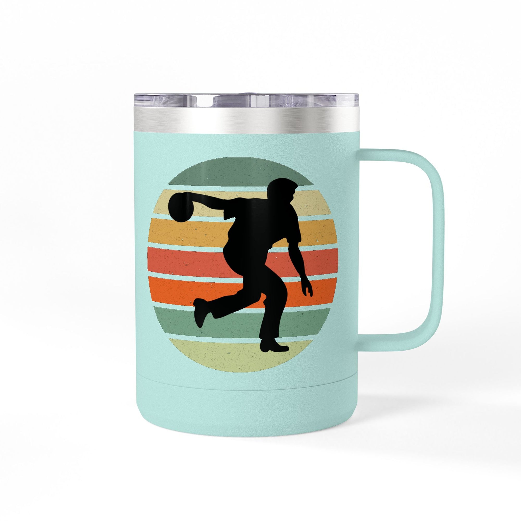 Teal travel coffee mug with lid and handle with a silhouette of a person bowling and a colorful retro design on a white background.