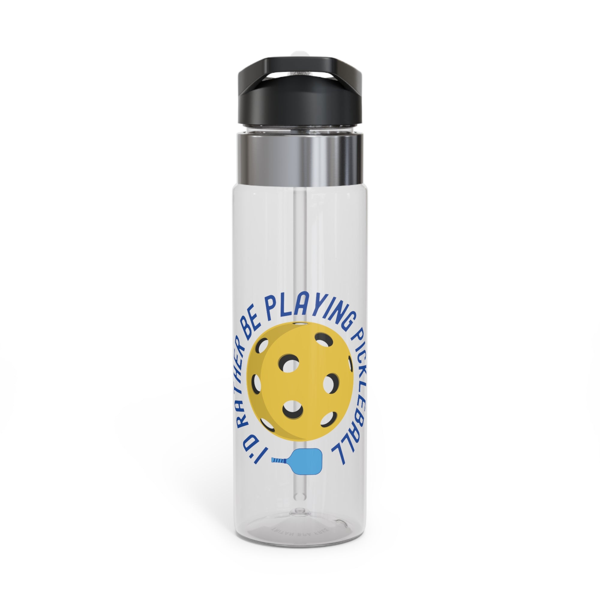 Clear water bottle with pickleball graphic and the text "I'd Rather Be Playing Pickleball on a white background.