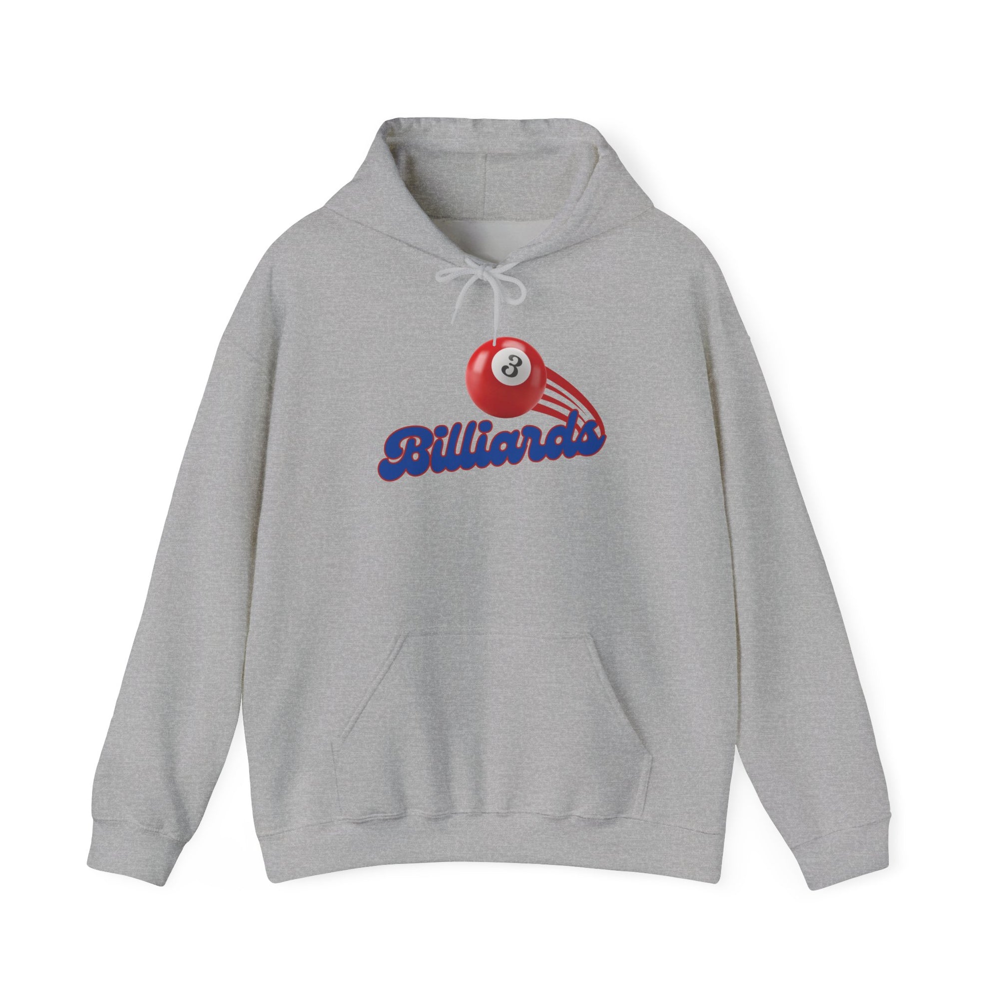 Gray hoodie with billiards ball and text that says "Billiards" against a white background