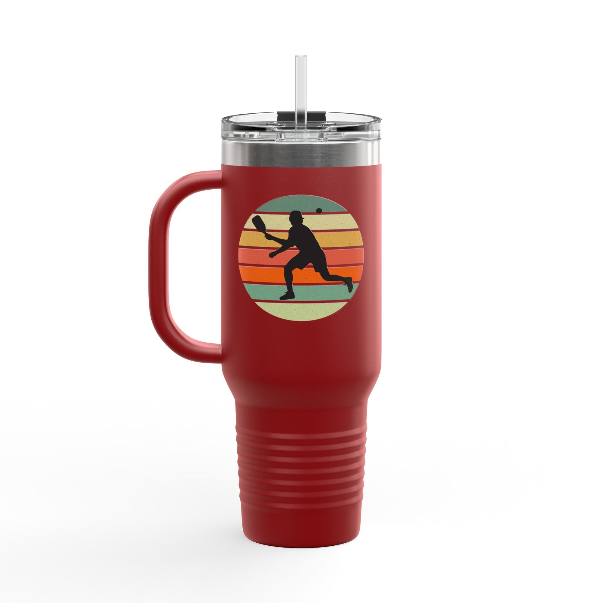 Red travel tumbler with a pickleball player silhouette design colorful retro background