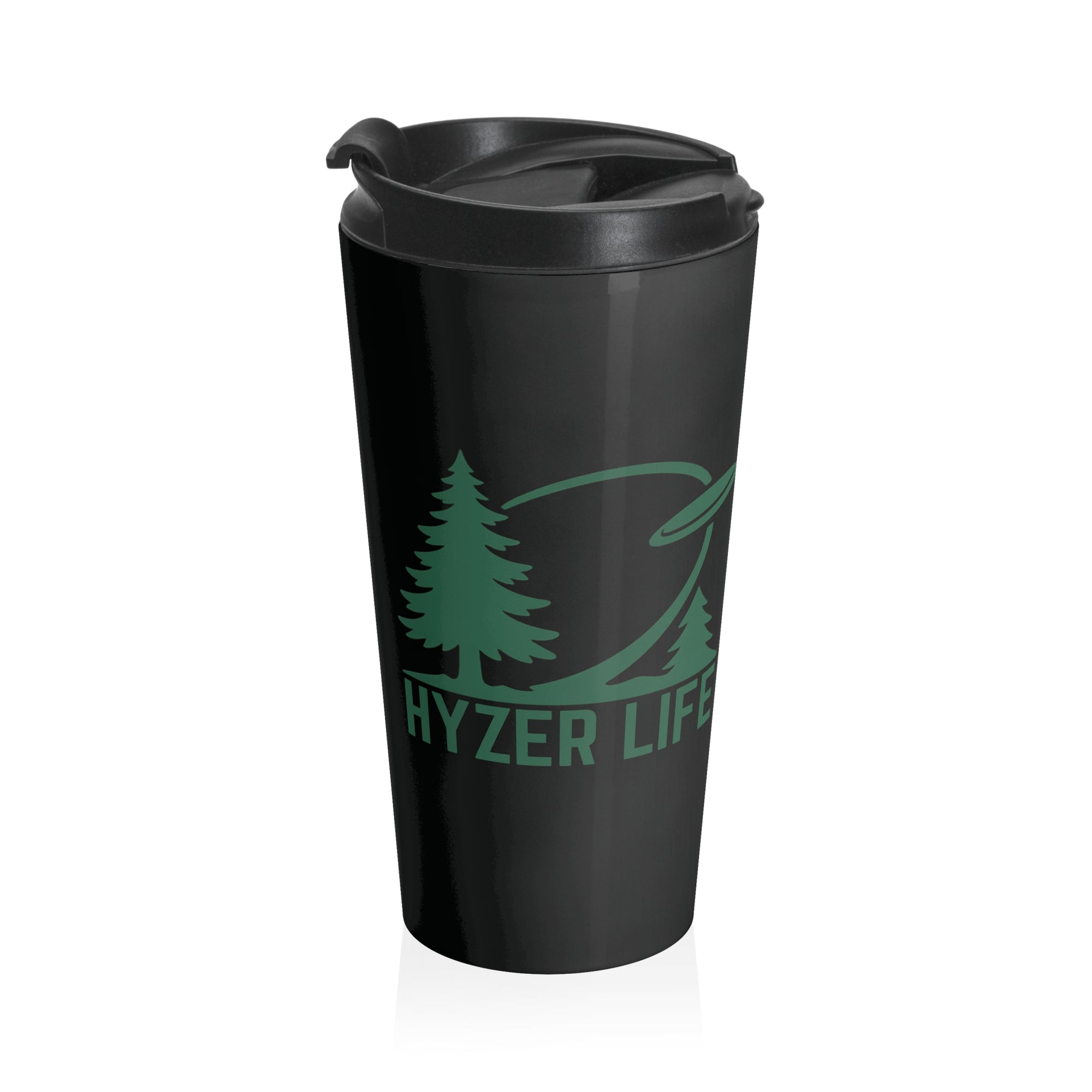 Black stainless steel travel mug with lid with green graphic of trees and a disc golf flying with the words 'HYZER LIFE' below the image on a white background.
