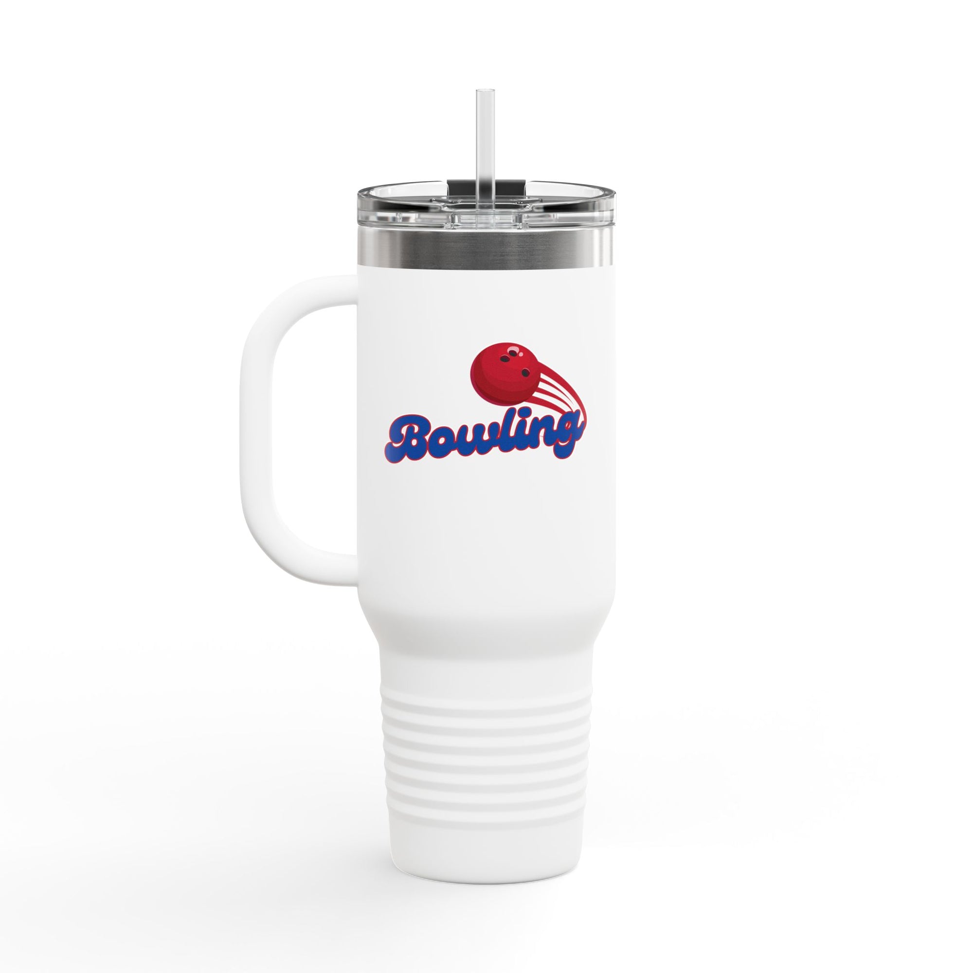 A white 40oz tumbler with handle, lid, and straw, with a red bowling ball graphic and 'Bowling' text on a white background