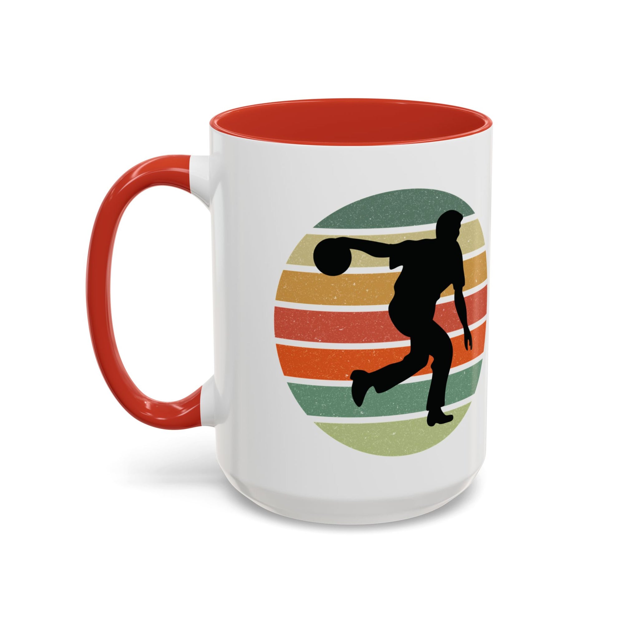Ceramic coffee mug with red accents on the handle and inside, with a graphic of a silhouette of a bowler over a colorful retro image, on a white background.