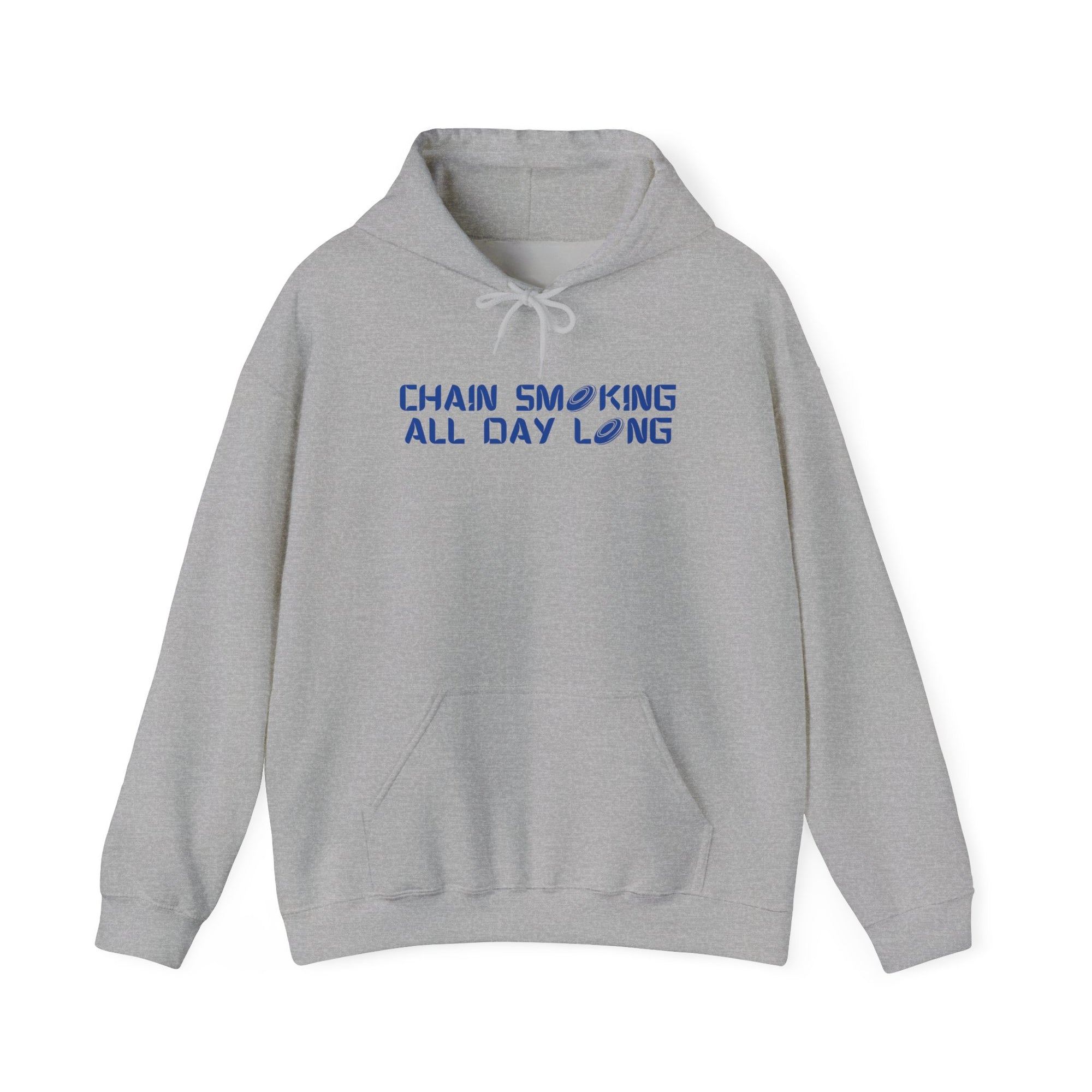 Gray hoodie with 'CHAIN SMOKING ALL DAY LONG' text with the O's replaced by disc golf discs, on a hanger against a white background
