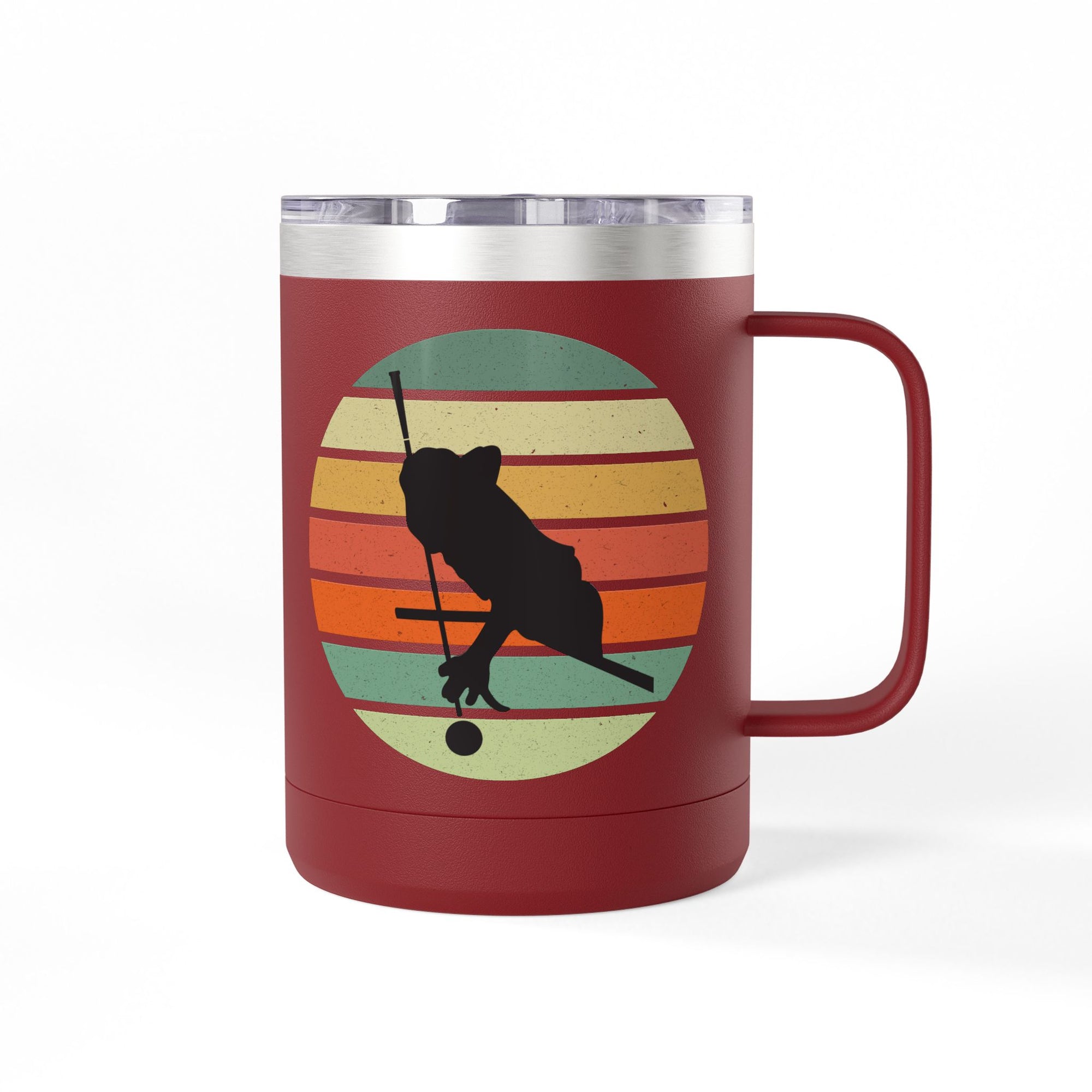 Maroon travel coffee mug with an image of a billiards player silhouette over a colorful retro graphic, on a white background