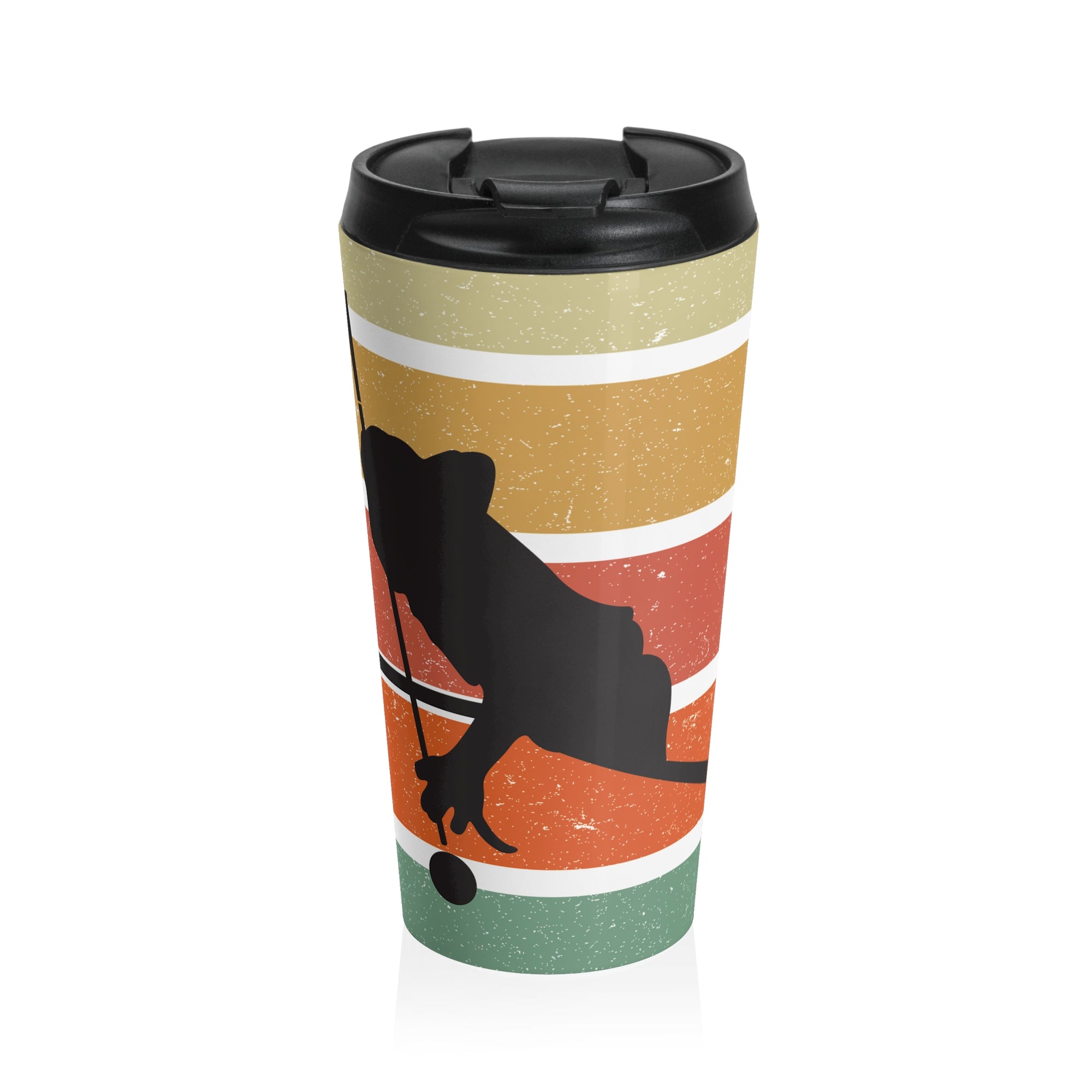 Travel mug with an image of a billiards player silhouette against a colorful retro image on a white background.