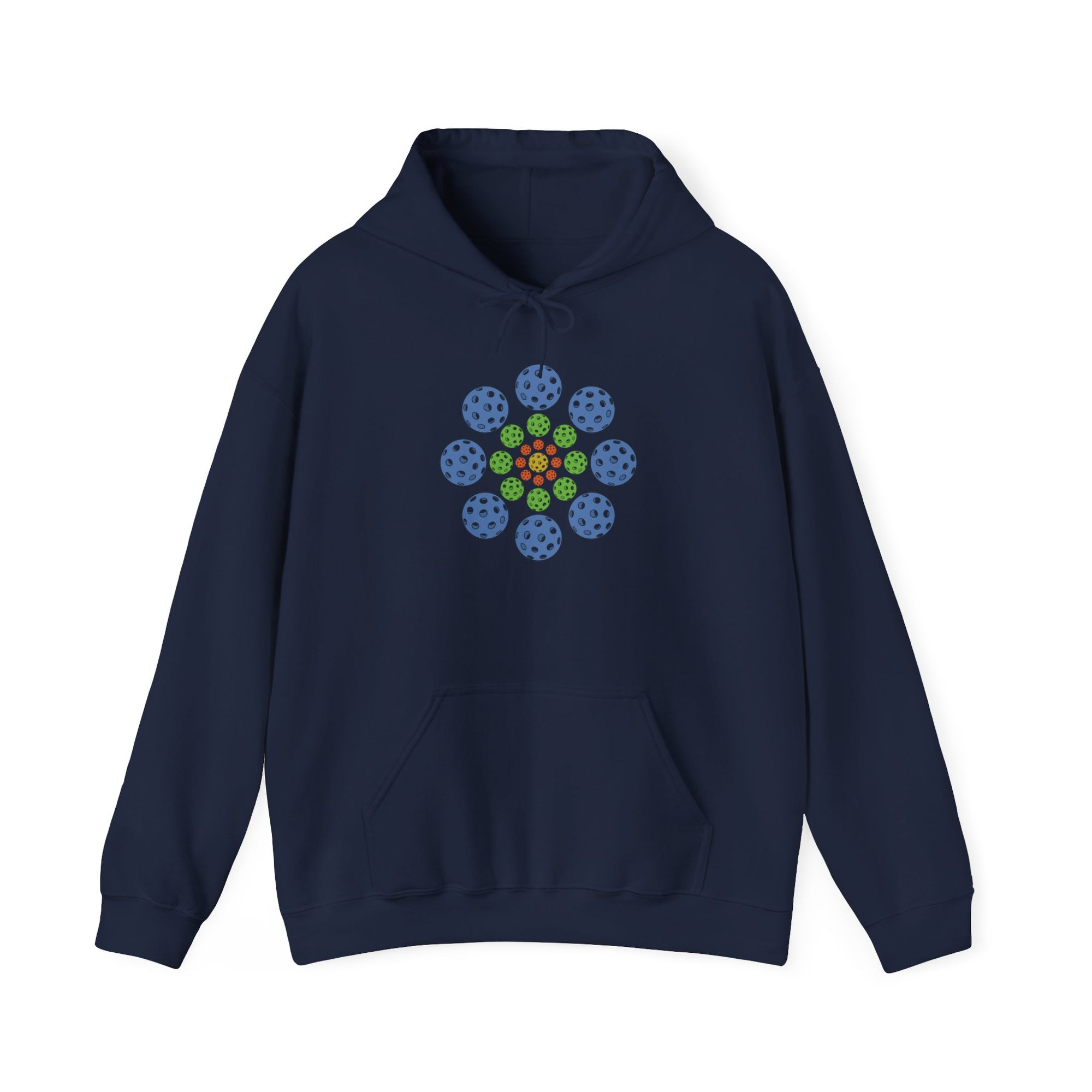 Navy blue hoodie with colorful geometric design of pickleballs against a white background