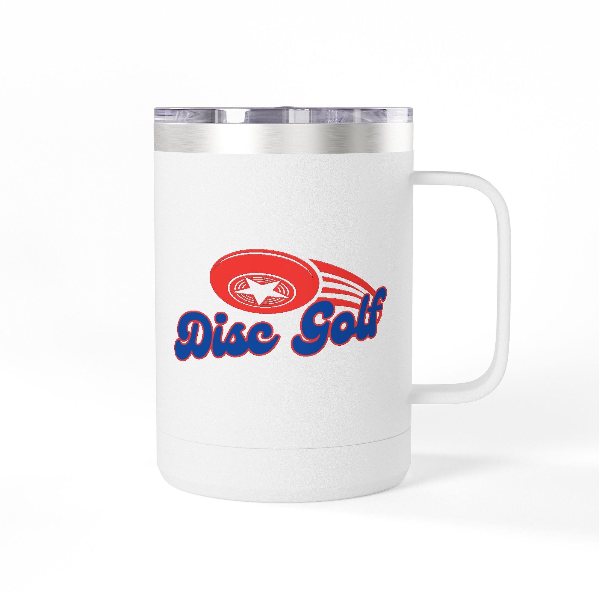 White travel coffee mug tumbler with handle and lid with 'Disc Golf' in a blue script text outlined in red and disc golf with motion trails, against a white background
