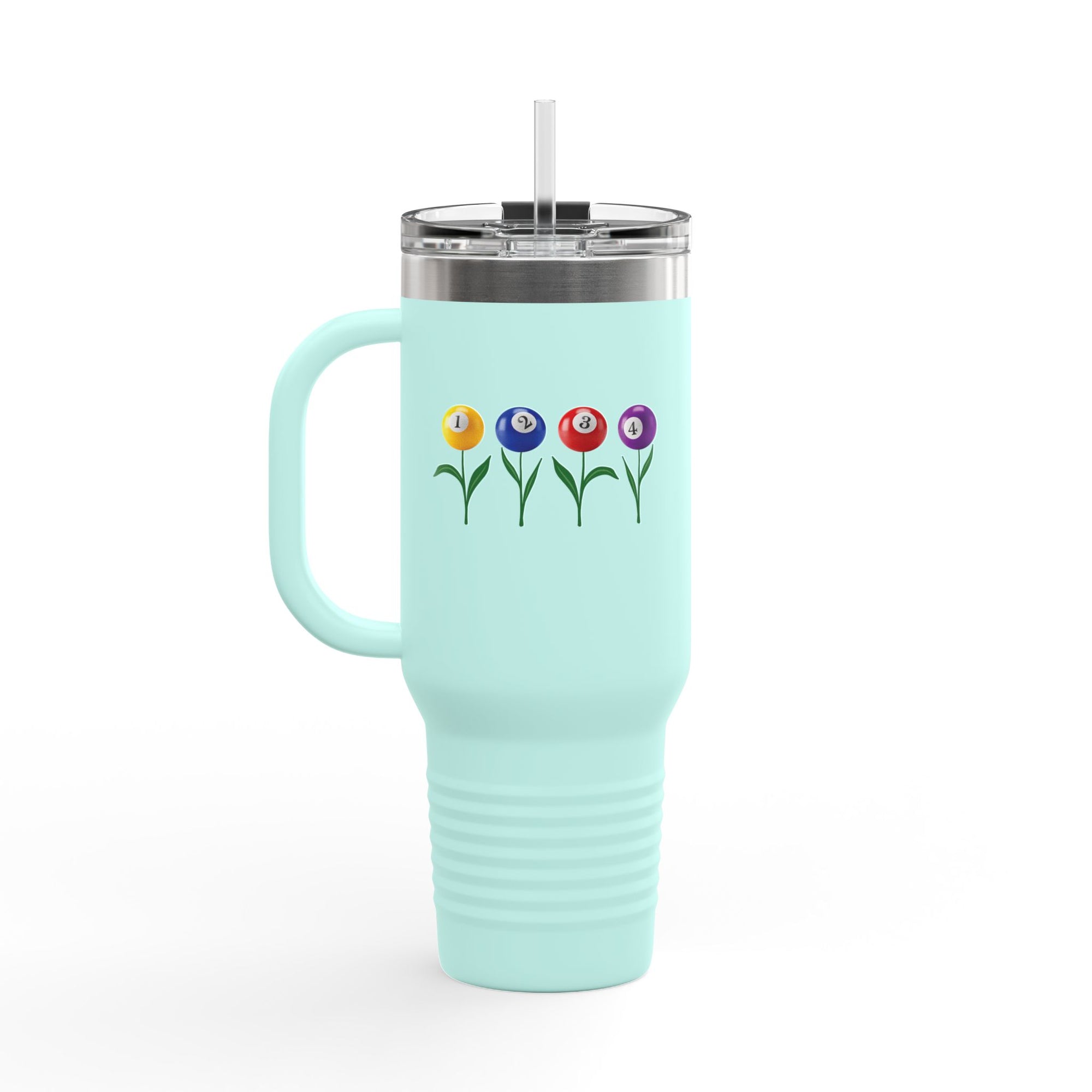 A teal 40oz travel tumbler with lid and straw, with four colorful flowers made out of billiards balls with green stems, on a white background
