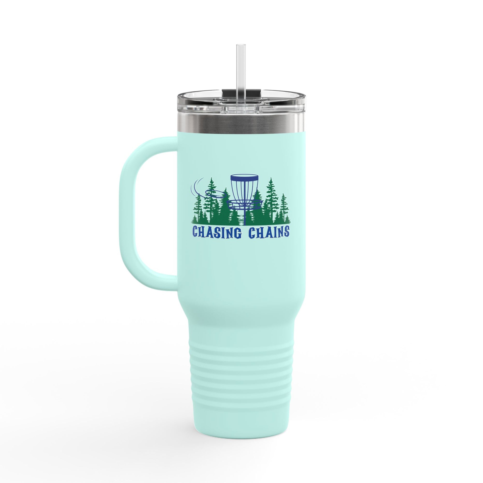 A teal 40oz travel tumbler with lid and straw, with 'Chasing Chains' graphic featuring a flying disc golf disc and basket and chains in front of a scenic evergreen tree landscape, against a white background
