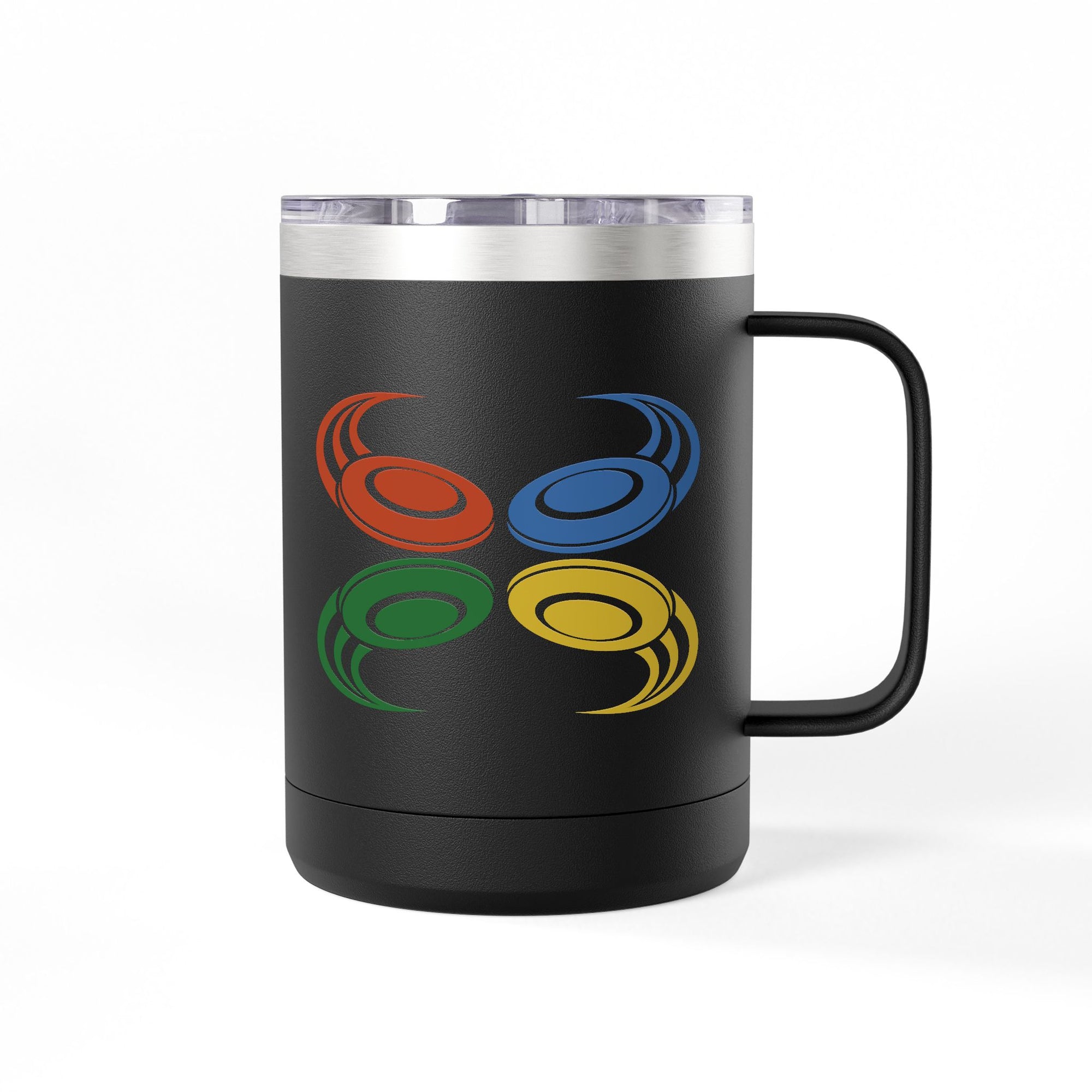 Black travel tumbler mug with handle and lid featuring a colorful graphic of flying disc golf discs, against a white background