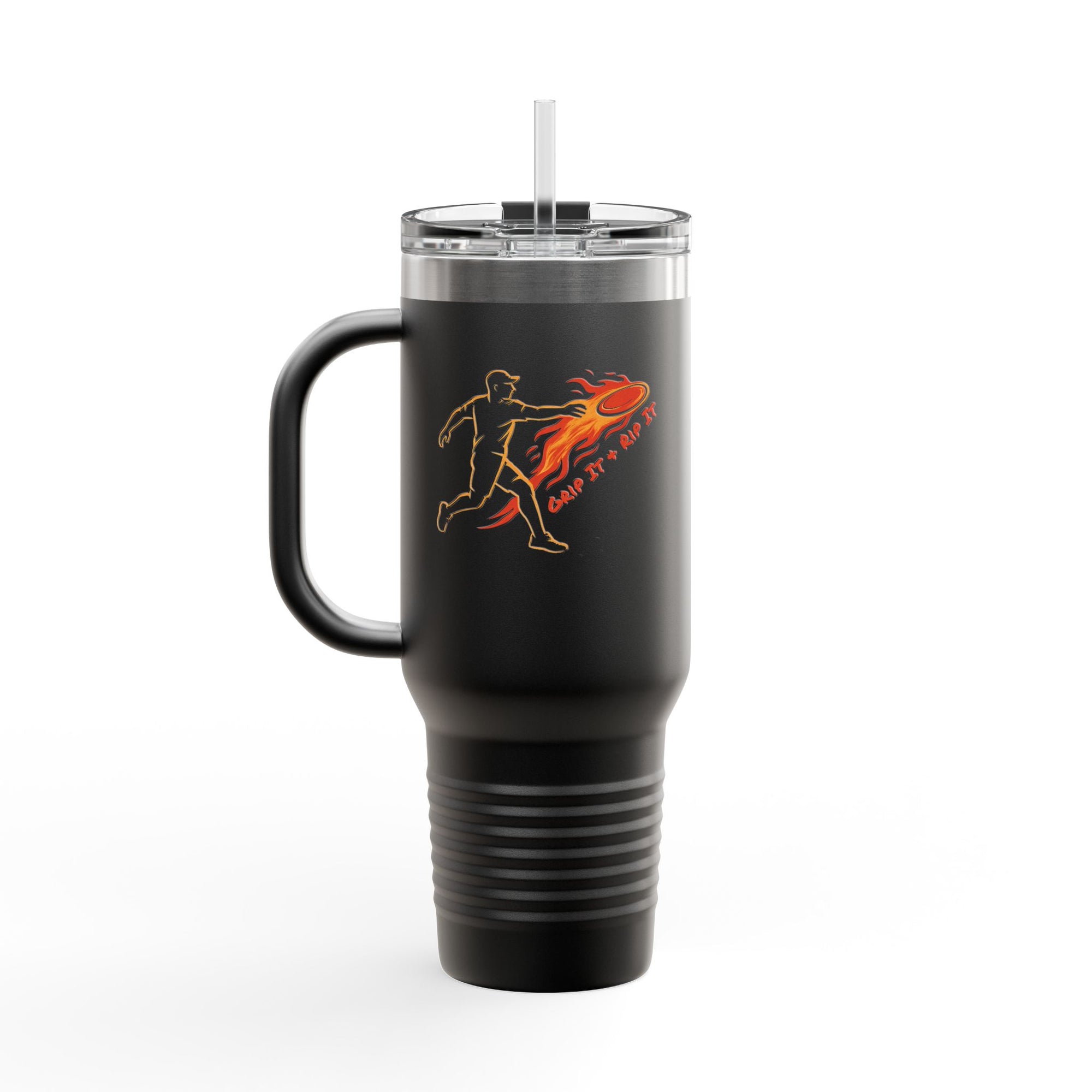 A black 40oz travel mug with handle, straw and lid featuring a graphic design of a person throwing a disc golf disc with flames coming off the disc and text 'Grip It or Rip It' against a white background.