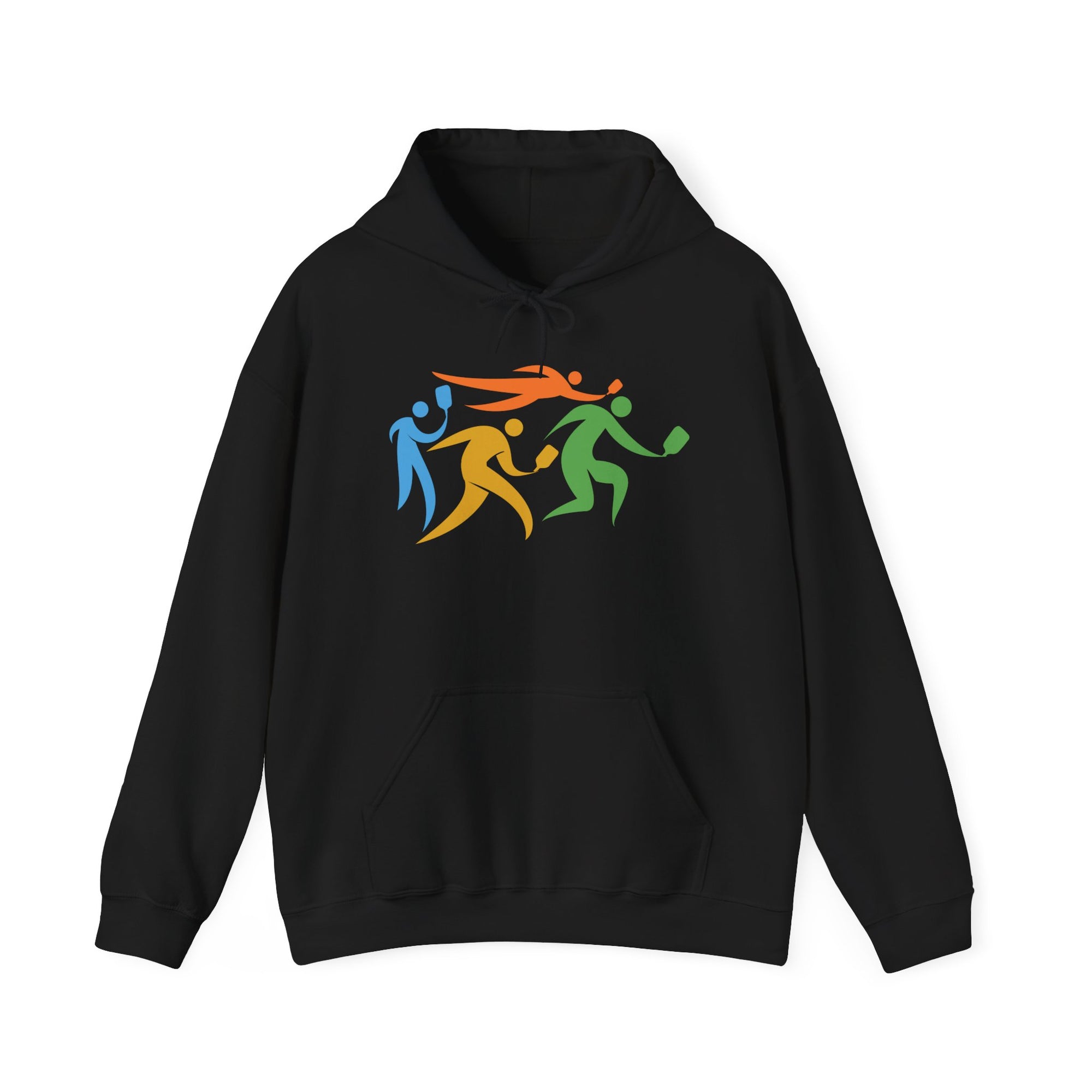 Black hoodie featuring an image of four colorful pickleball player drawings playing pickleball against a white background