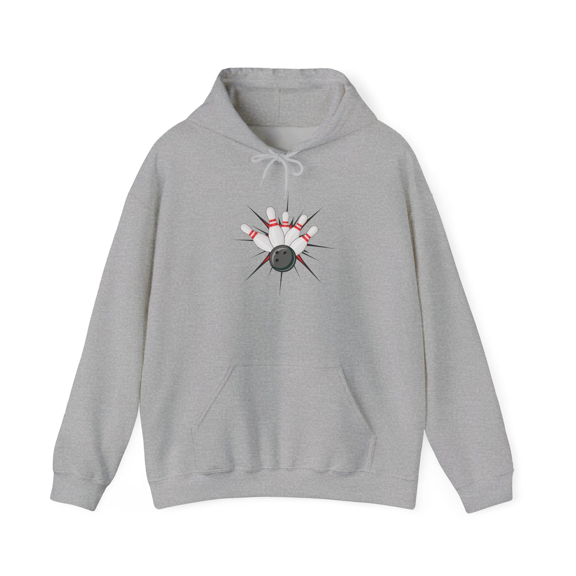 Gray hoodie with a graphic design of a bowling ball smashing into pins on a white background