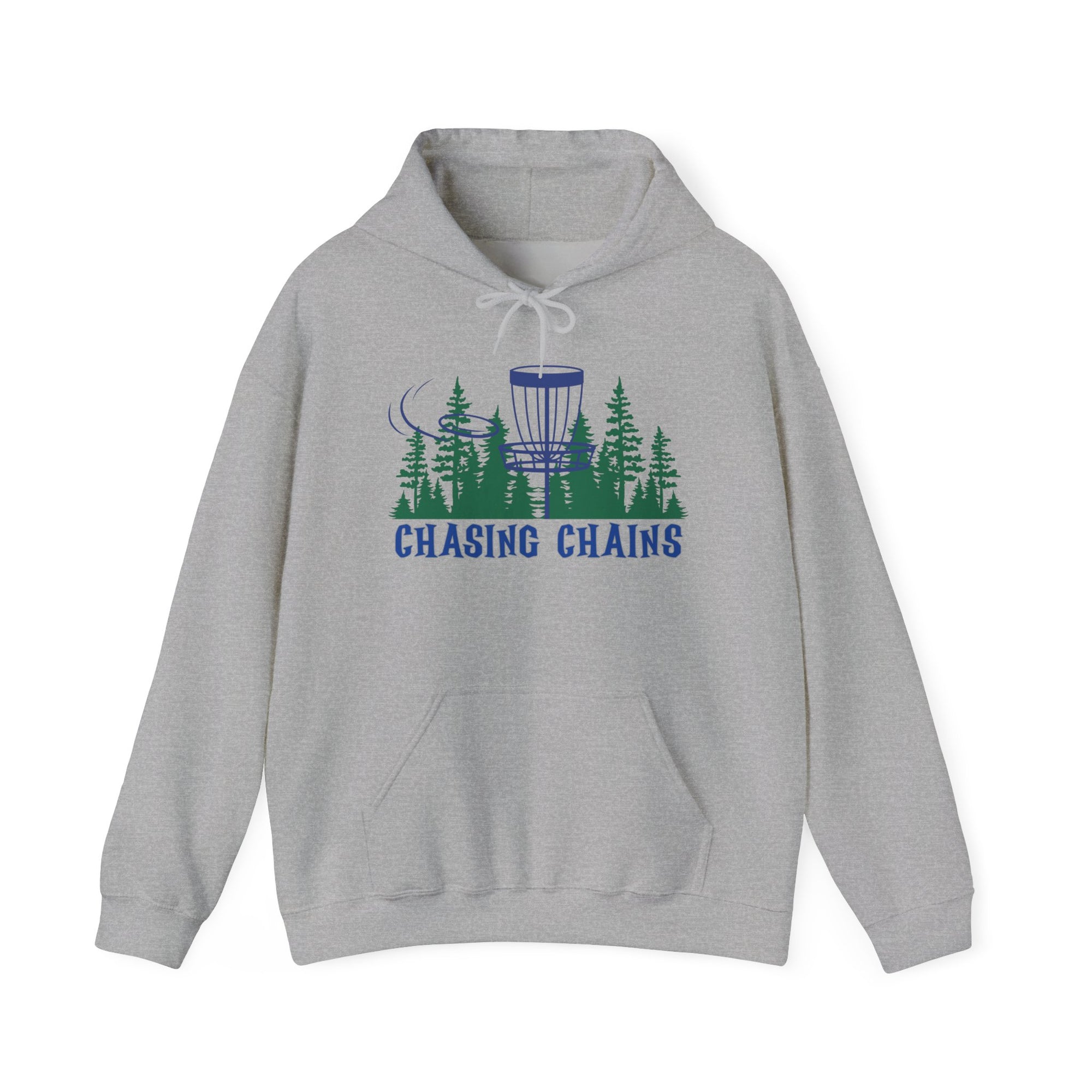 Gray hoodie with 'Chasing Chains' graphic featuring a flying disc golf disc and basket and chains in front of a scenic evergreen tree landscape, against a white background