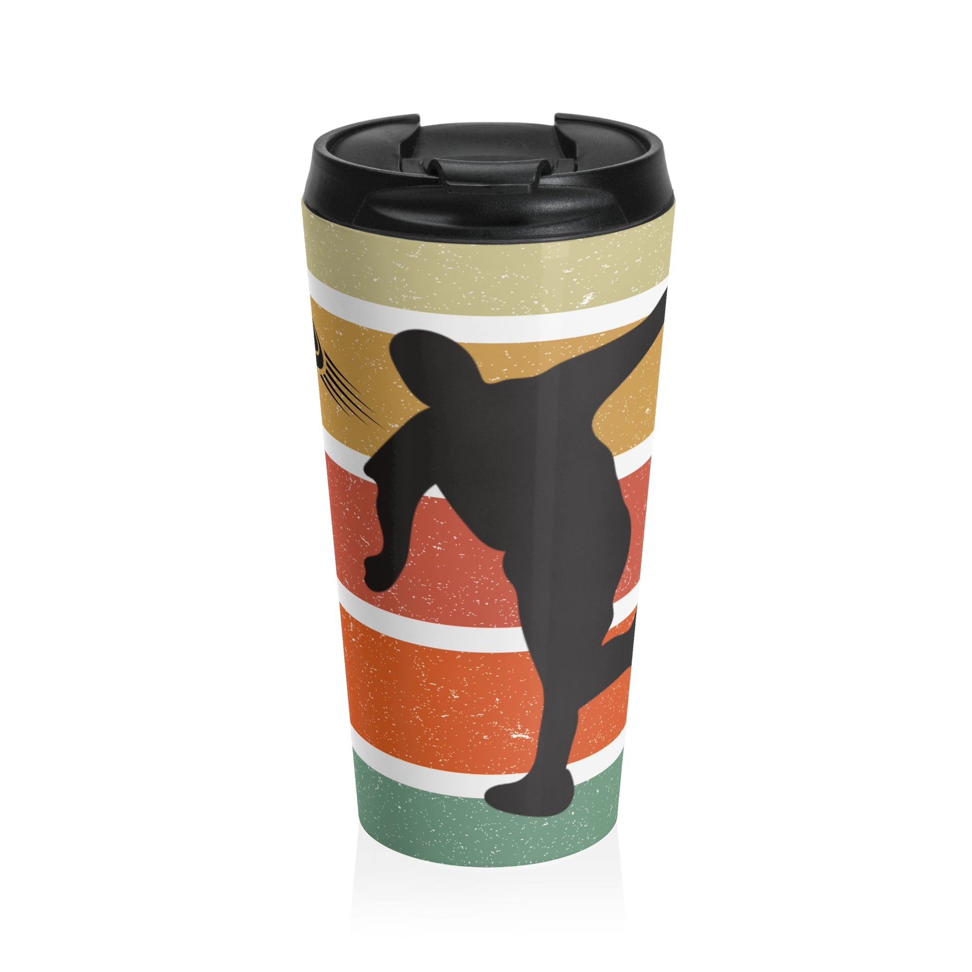 Travel mug with a silhouette design of a disc golf player over a colorful retro image, on a white background