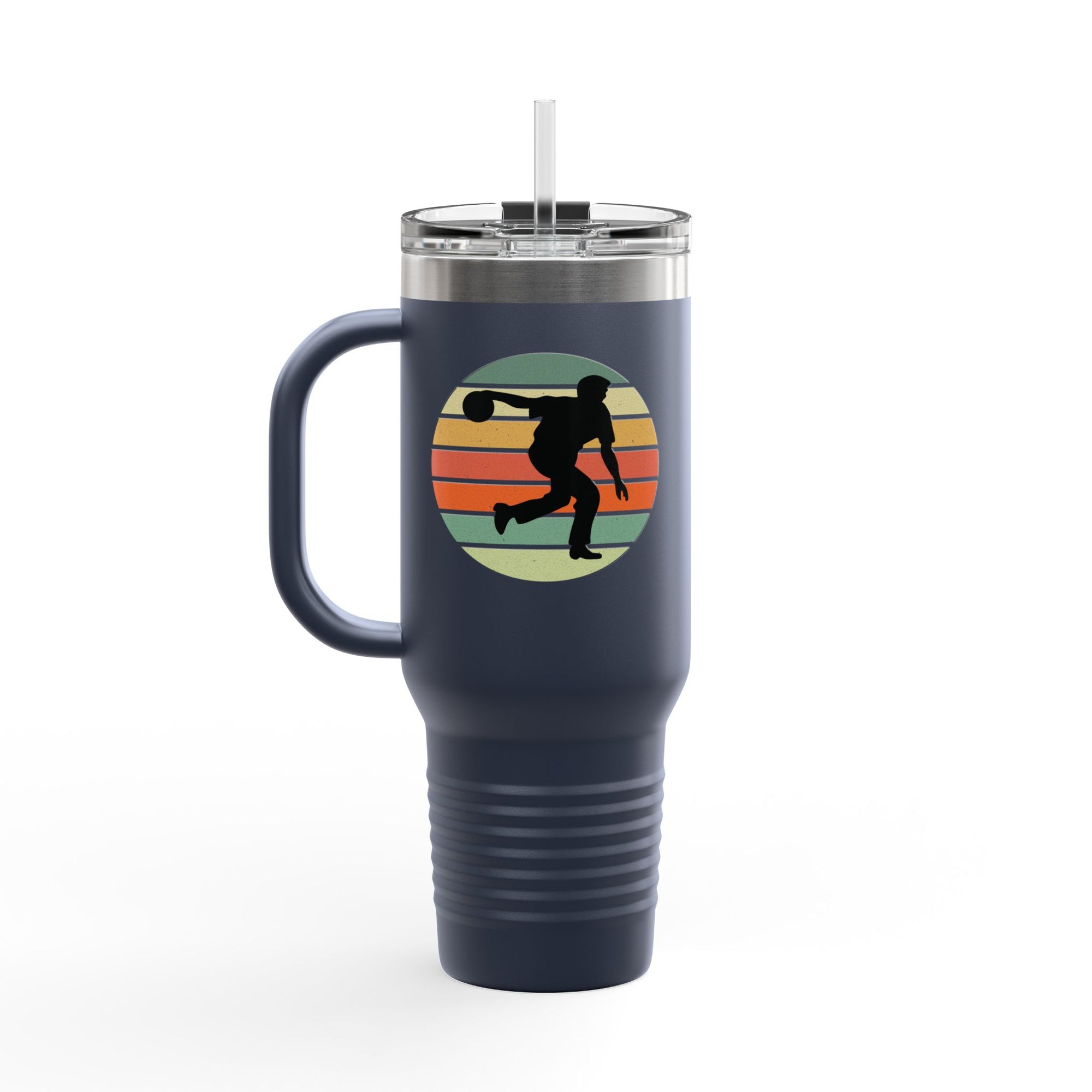 Blue travel mug with a silhouette of a bowler over an colorful retro image, on a white background.
