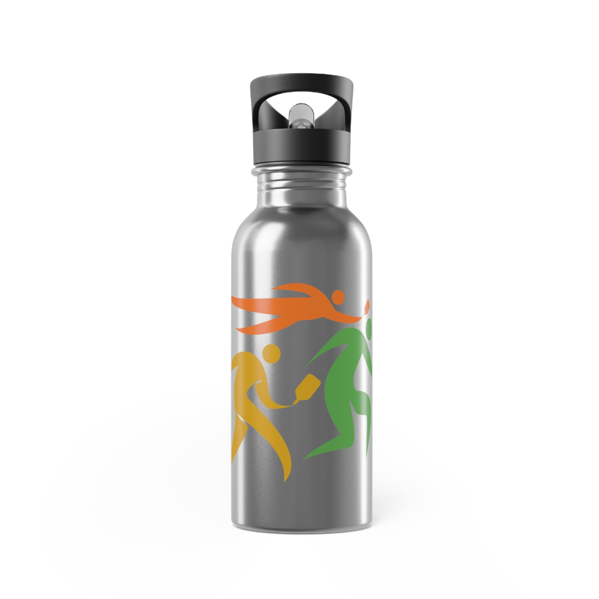 A stainless steel water bottle with lid, featuring an image of four colorful pickleball player drawings playing pickleball against a white background