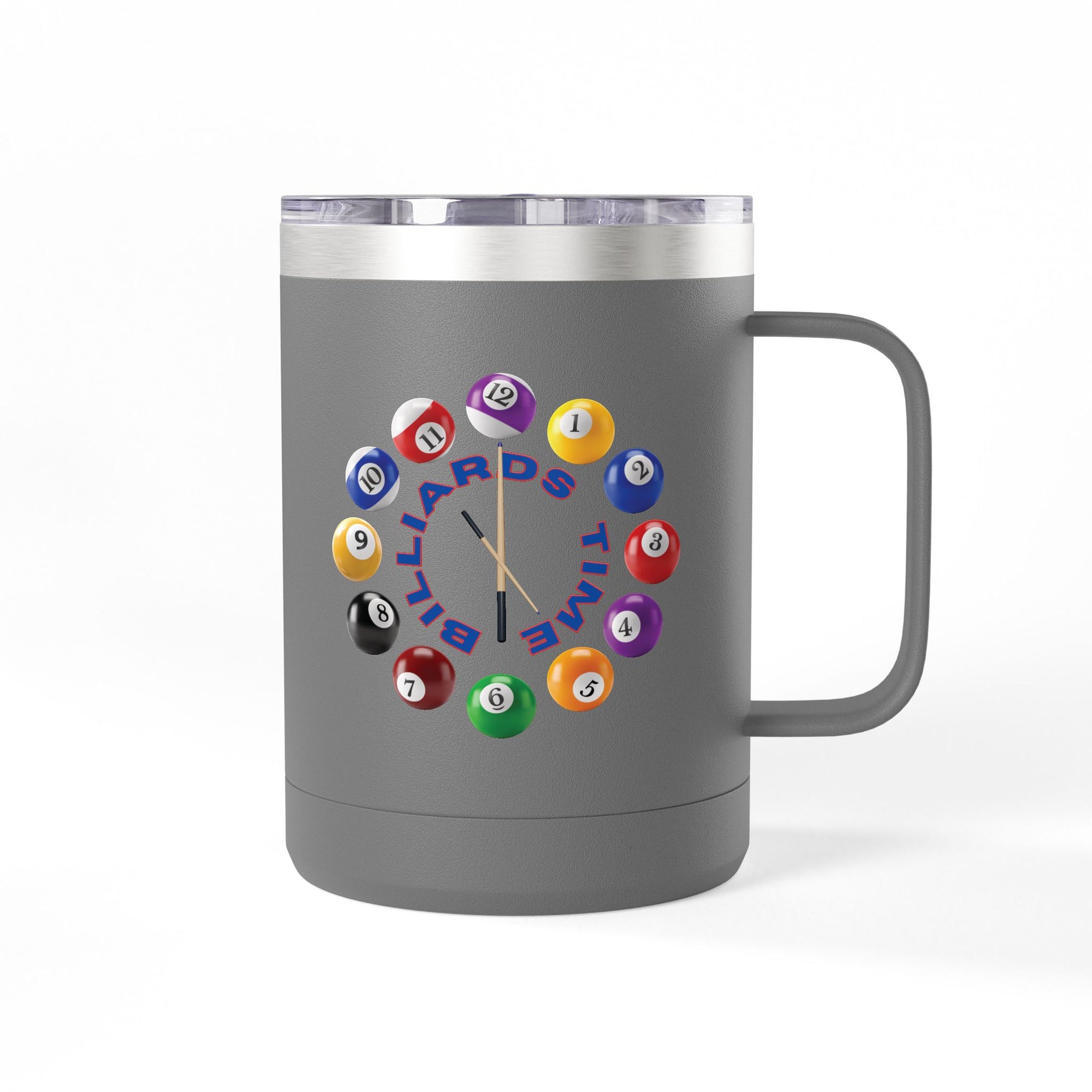 Gray travel coffee mug tumbler with a lid, with the text "Billiards Time" surrounded by a clock made up of colorful billiard balls and cue sticks, on a white background