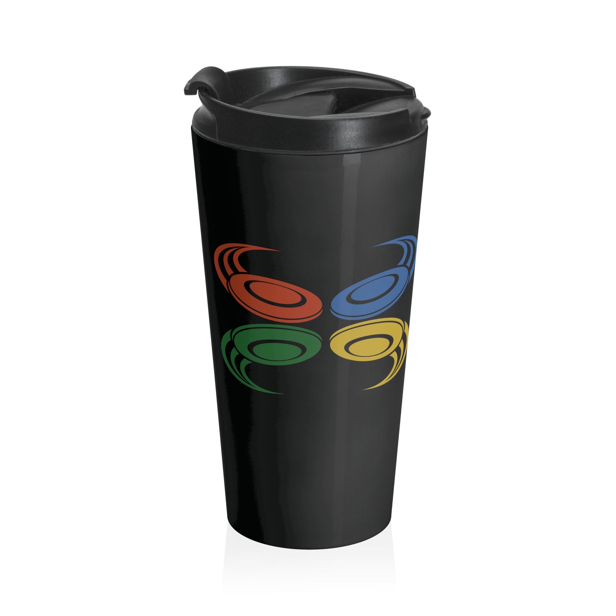 A black travel mug with a lid featuring a colorful graphic of flying disc golf discs, against a white background