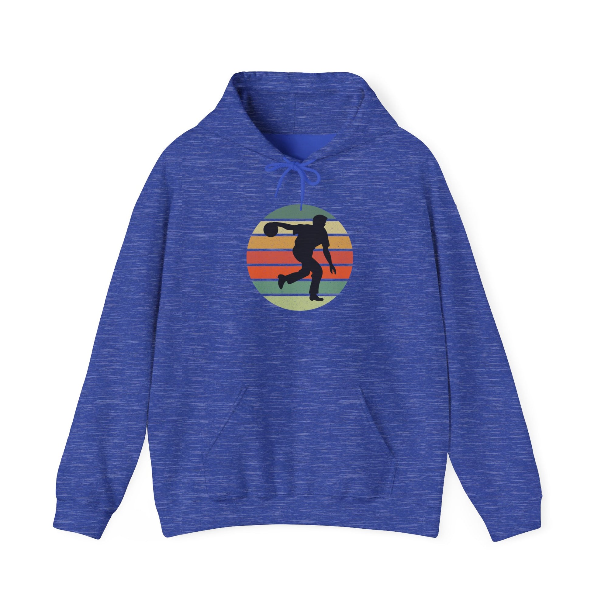 Blue hoodie with a a graphic of a silhouette of a bowler over a colorful retro image, on a white background