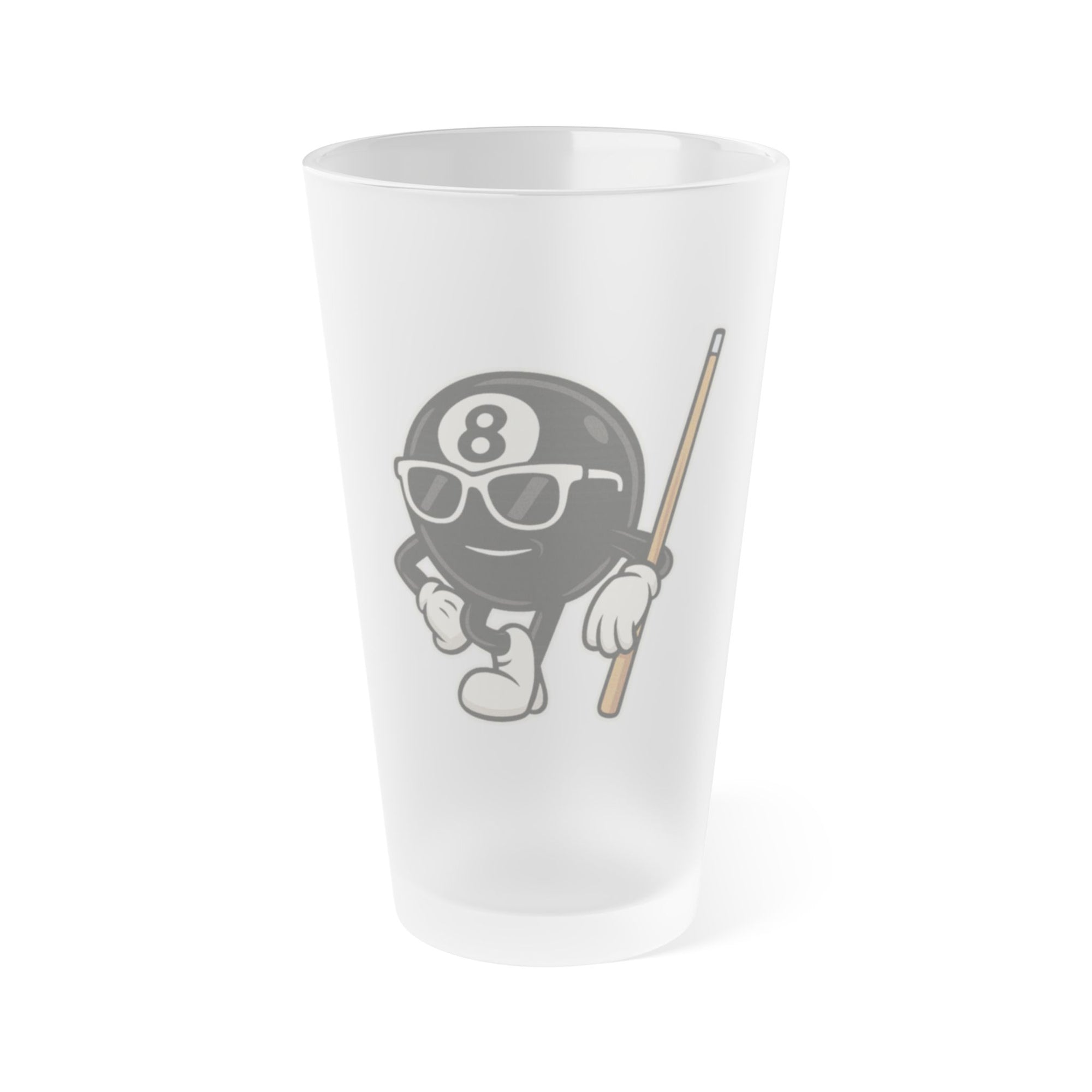 A frosted pint glass featuring a graphic of a cartoon billiards 8 ball with arms and legs and wearing sunglasses and leaning on a cue stick, on a white background