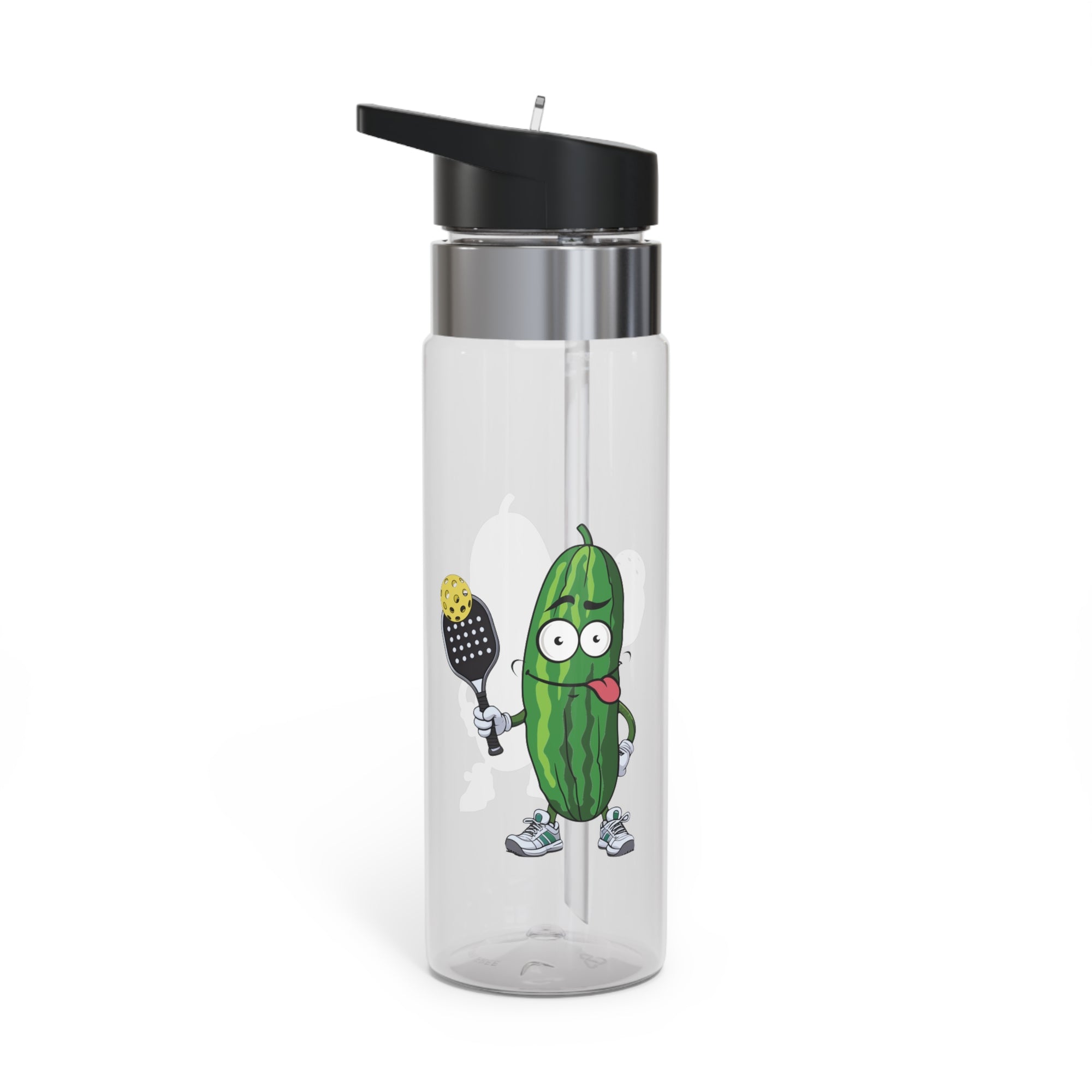 A clear water bottle with lid featuring a cartoon pickle with googly eyes and his tongue sticking out, holding a pickleball paddle with a yellow pickleball, against a white background