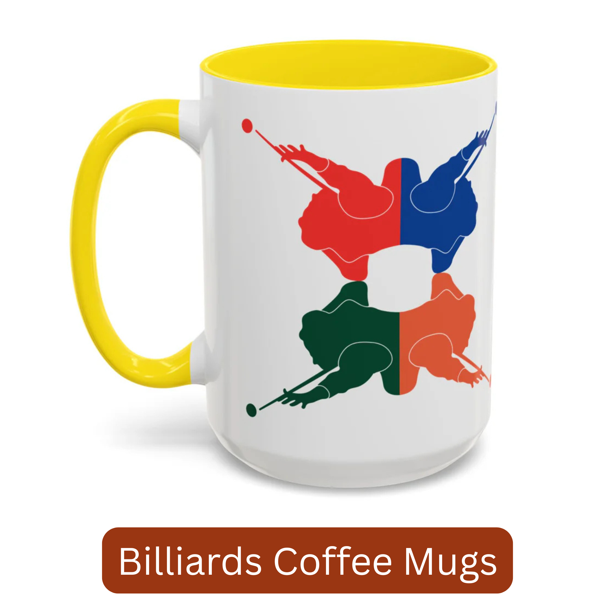 A white ceramic coffee mug with yellow accents on the handle and interior, with a graphic of 4 billiards silhouettes aiming their cue sticks