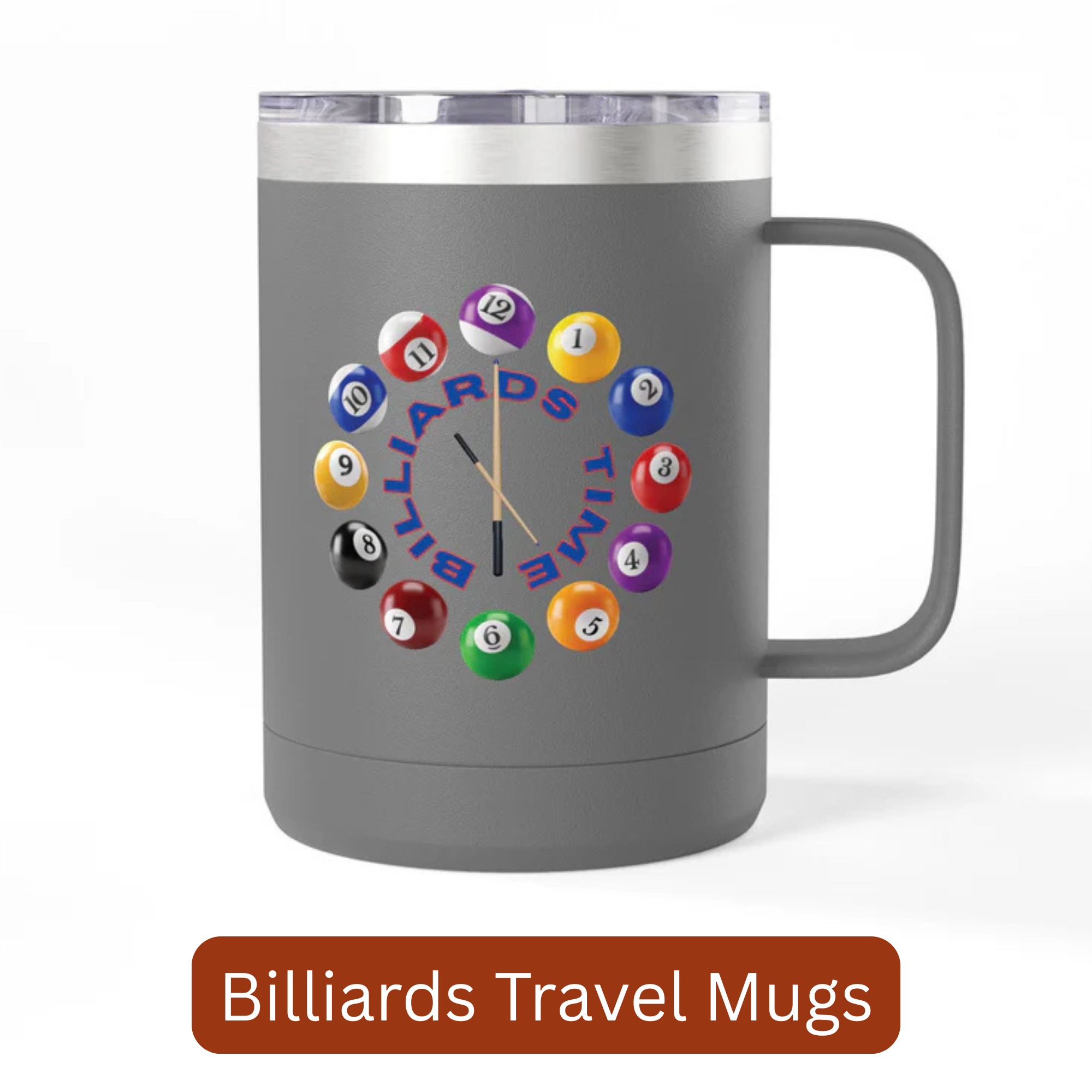 A gray travel mug with a graphic of a clock made up of billiards balls and cue sticks