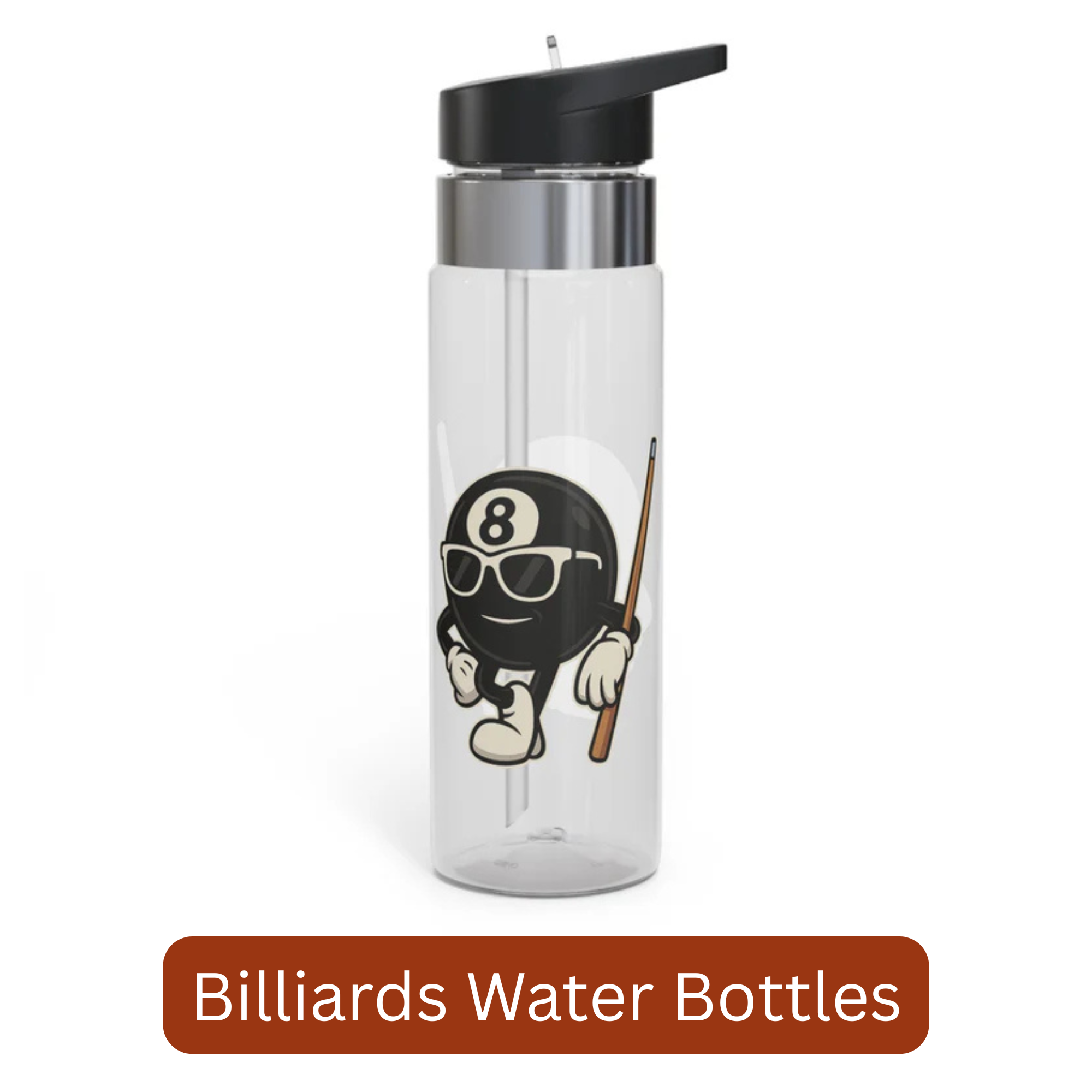 A clear water bottle with a black lid, with a graphic of a cartoon billiards eight ball