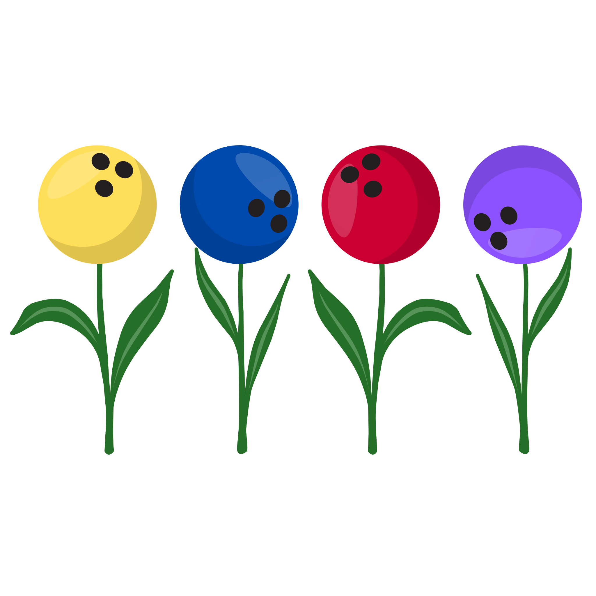 A graphic with colorful flowers made out of bowling balls, on a white background