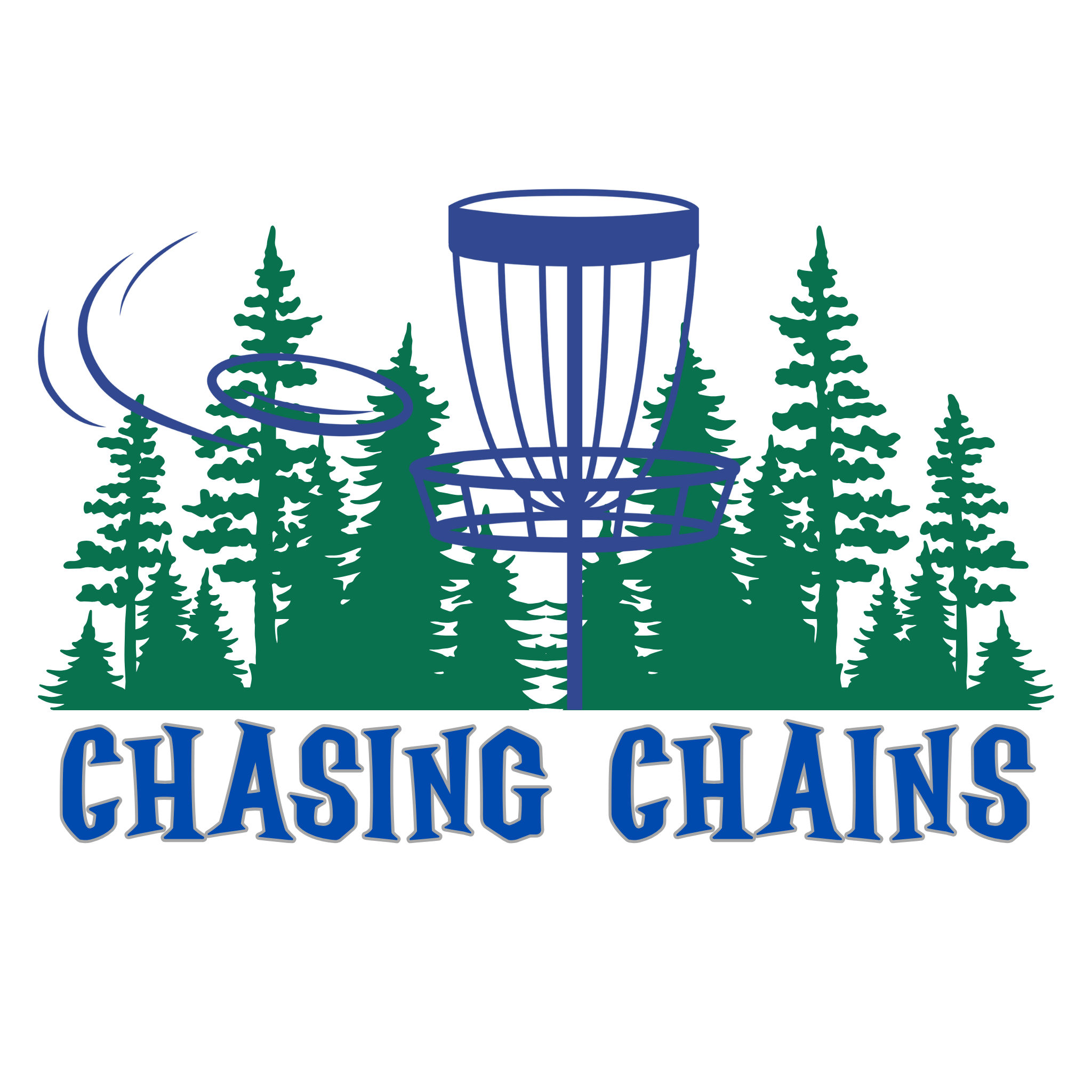 The words "Chasing Chains" above an image of a flying disc golf disc and a disc golf basket and chains against a scenic woods backdrop