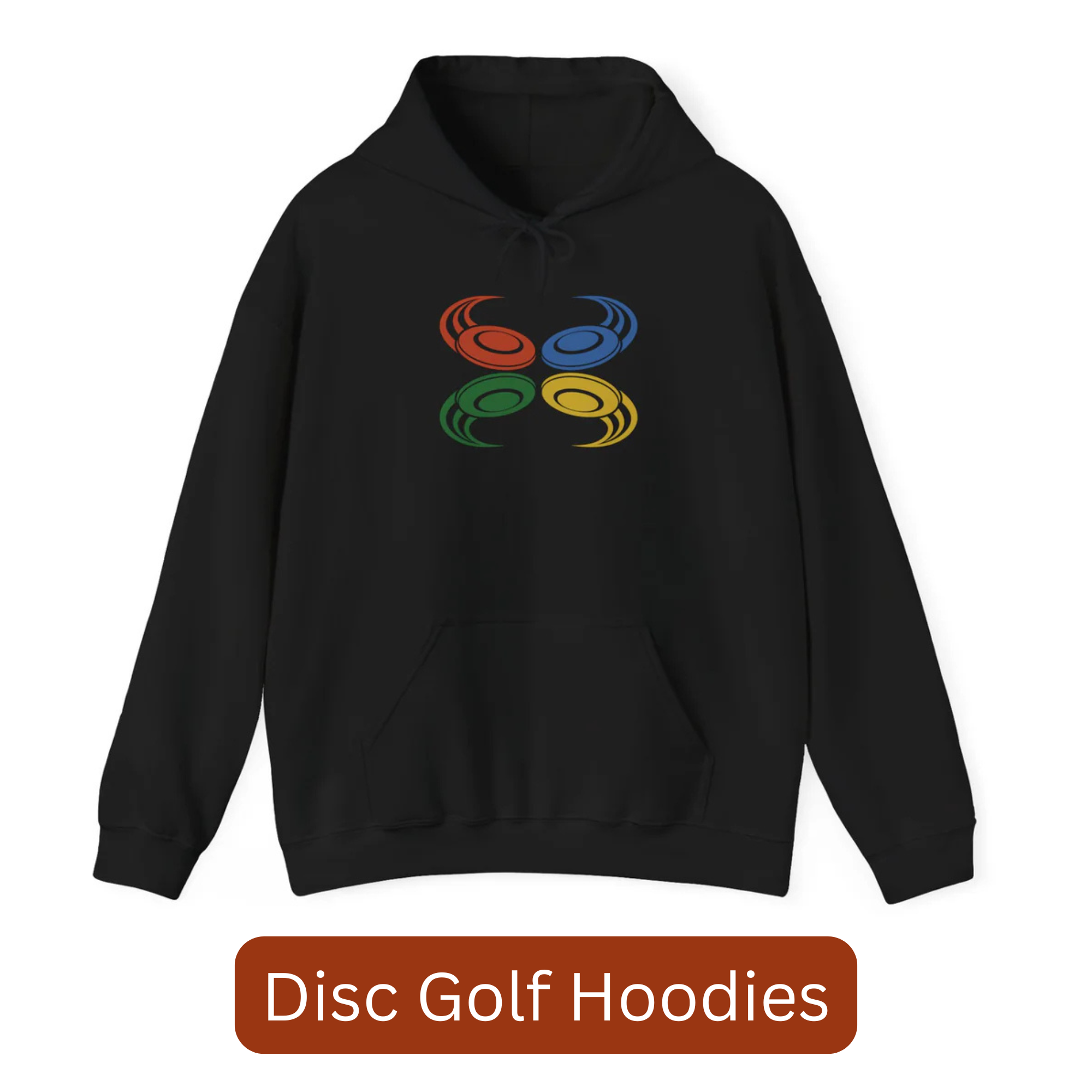 A black hoodie with four colorful disc golf discs converging on the chest