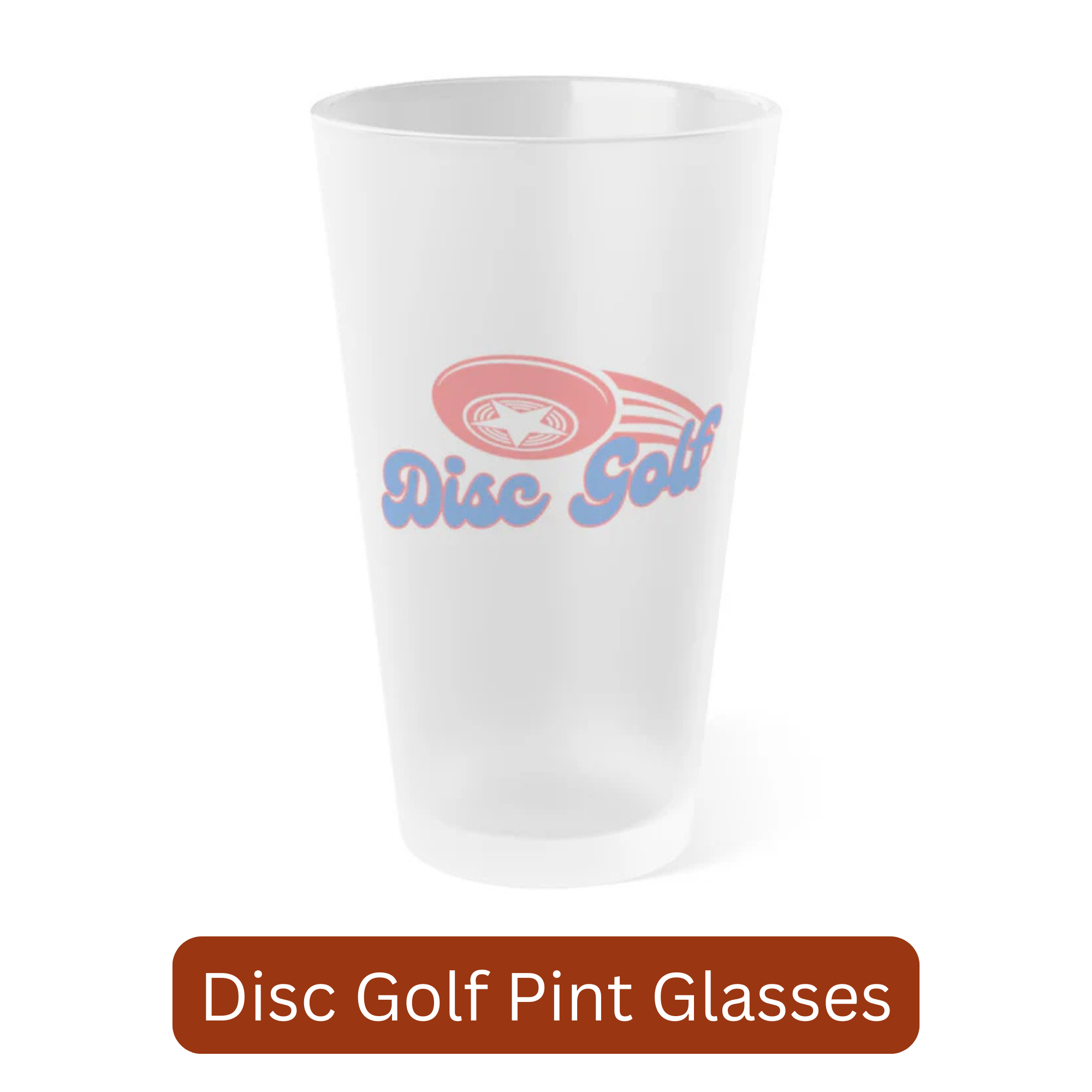 A frosted pint glass with a classic disc golf logo