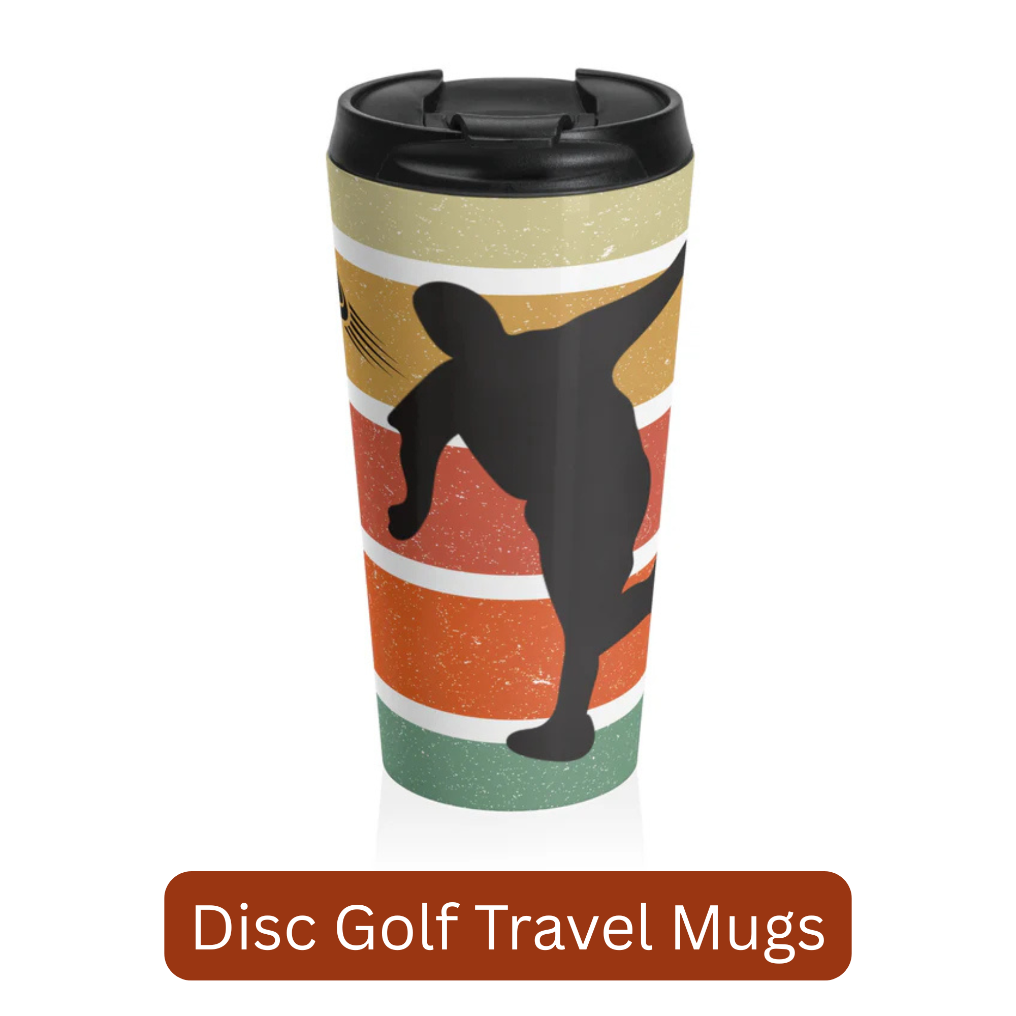 A travel mug with a silhouette of a disc golfer throwing a disc