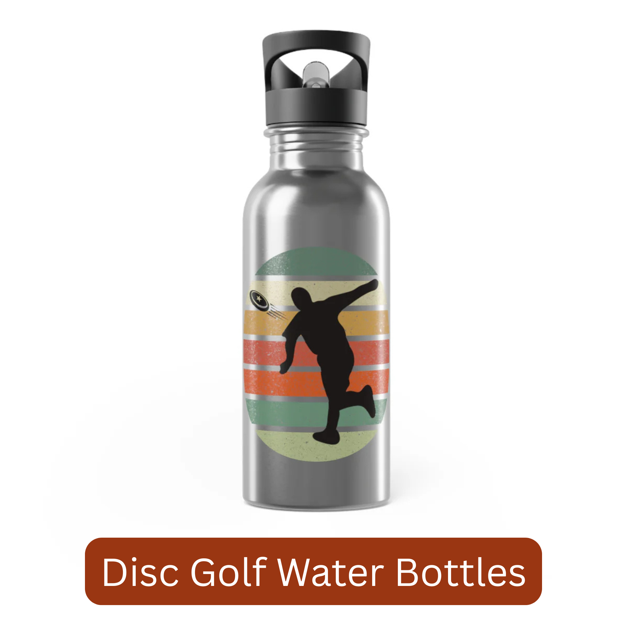A stainless steel water bottle with a black lid, with a graphic of a silhouette of a disc golfer throwing a disc