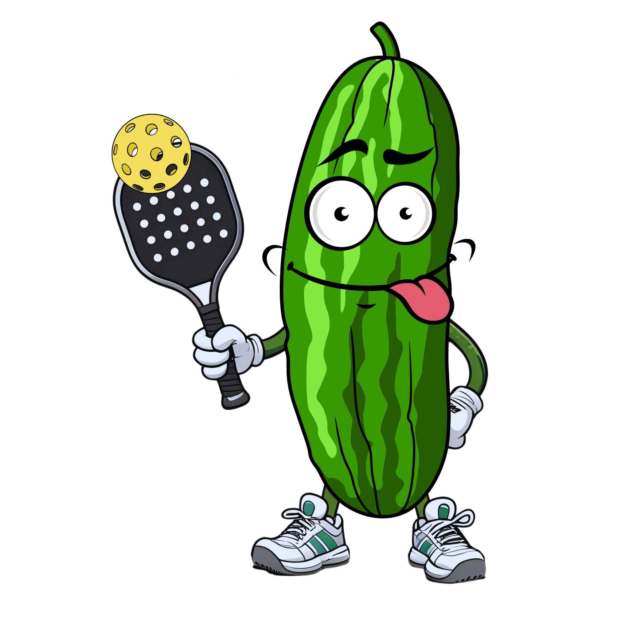 A cartoon pickle with googly eyes and his tongue sticking out, holding a pickleball paddle with a yellow pickleball, against a white background